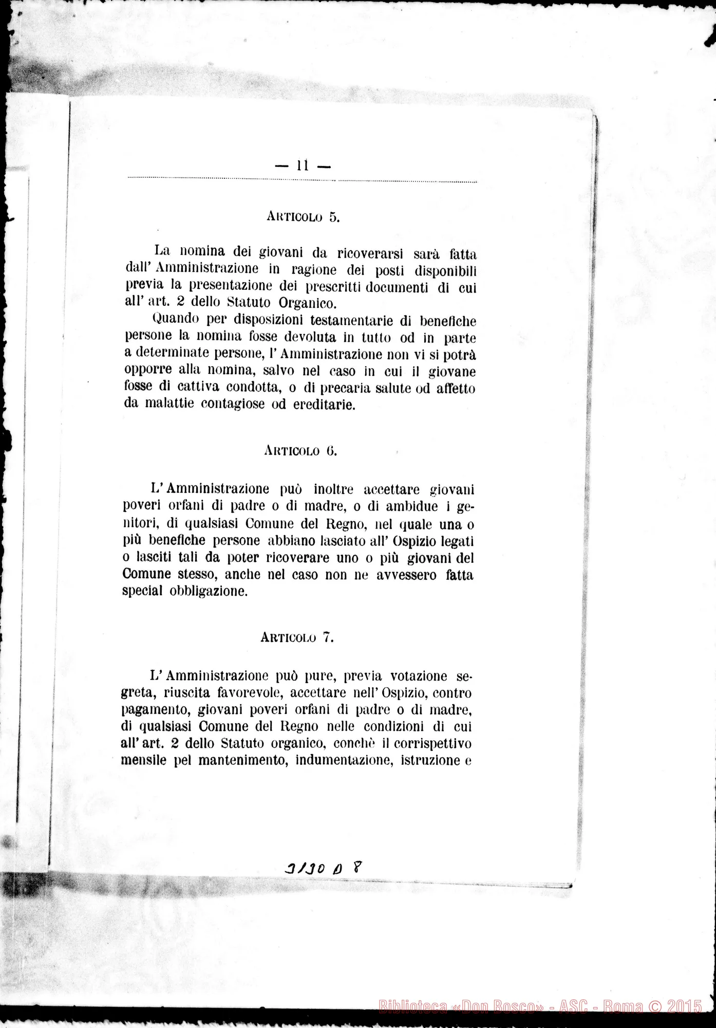 Fotogramma D 8 — Statuto Organico delTOspizio Gianotti. Stampato 1903