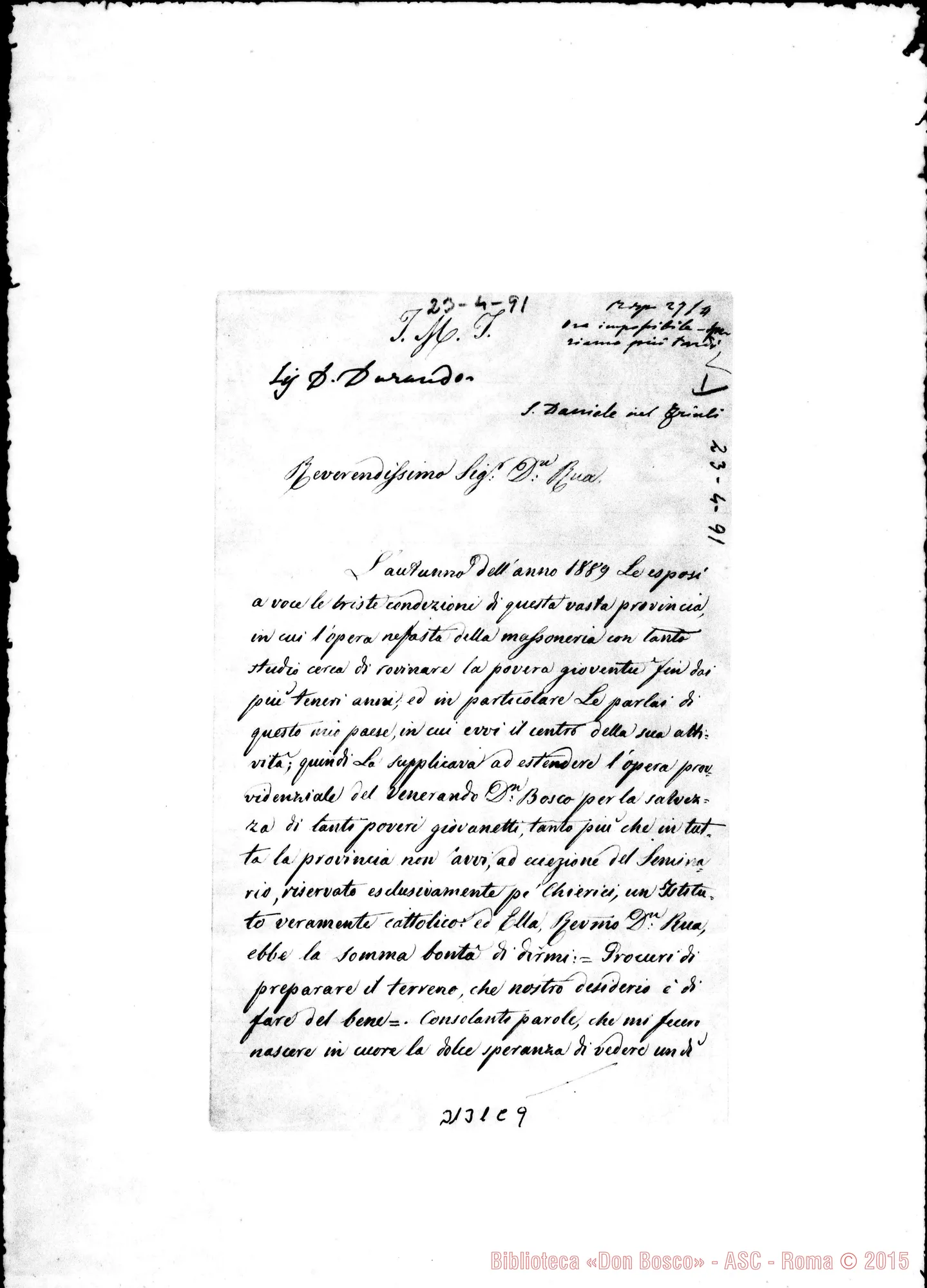 Fotogramma C 9 — S. Buenaventura: Progetto di Fondazione. Autogr. Rua C 9… S. Daniele del Friuli: D. Pietro Vidoni, coop. - D. Rua. San Daniele, 23-04-1891