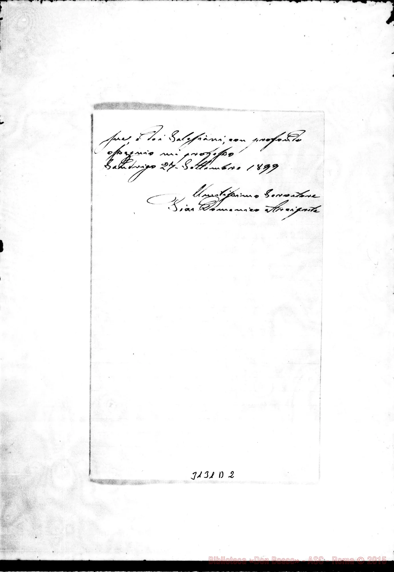 Fotogramma D 2 — Sandrigo: Piar Domenico, arciprete - Rev.mo Signore. Sandrigo, 27-09-1899