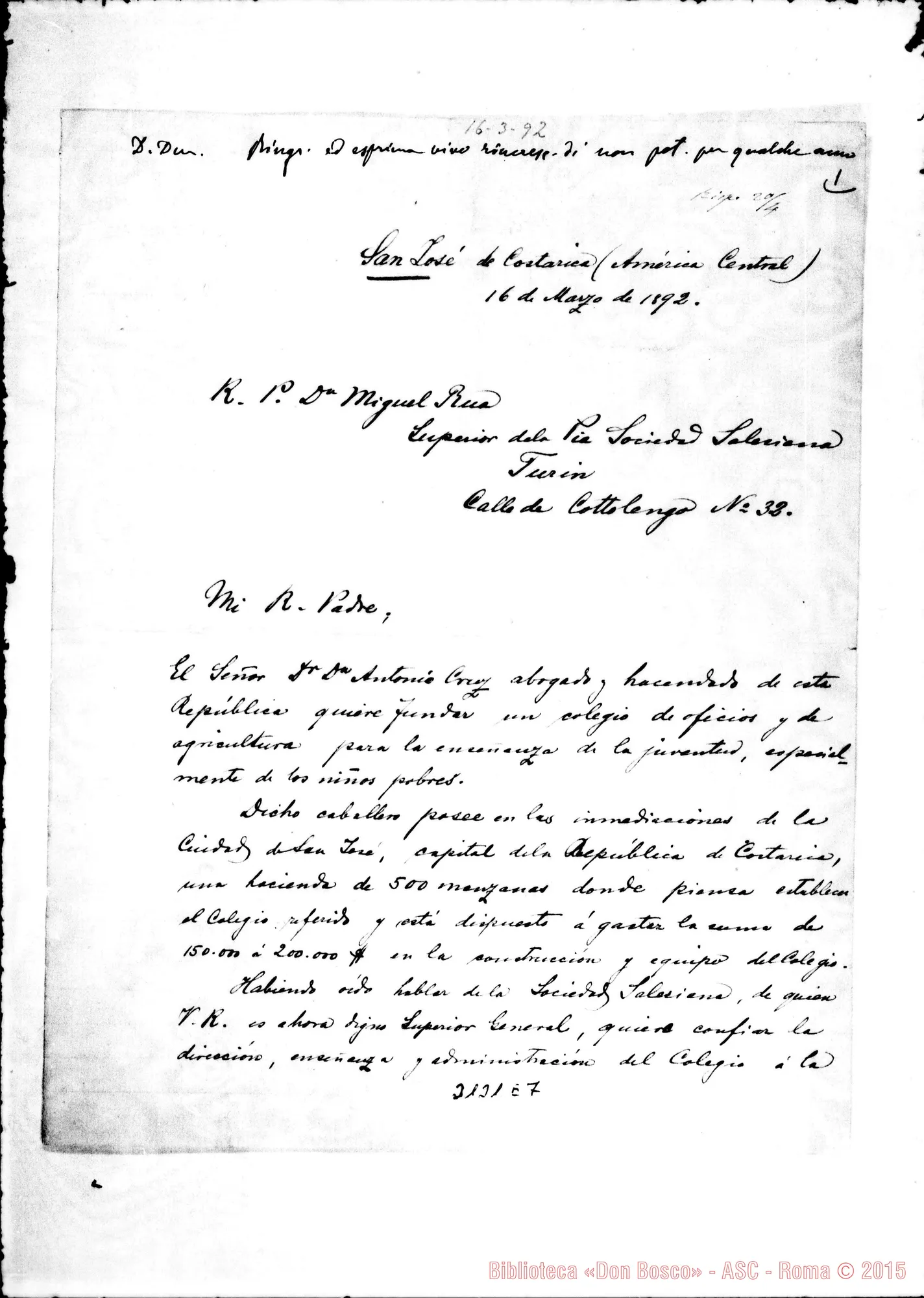 Fotogramma E 7 — Bernardo A. Thiel, vesc. - D. Rua, il 16-03-1892. Autogr. Rua