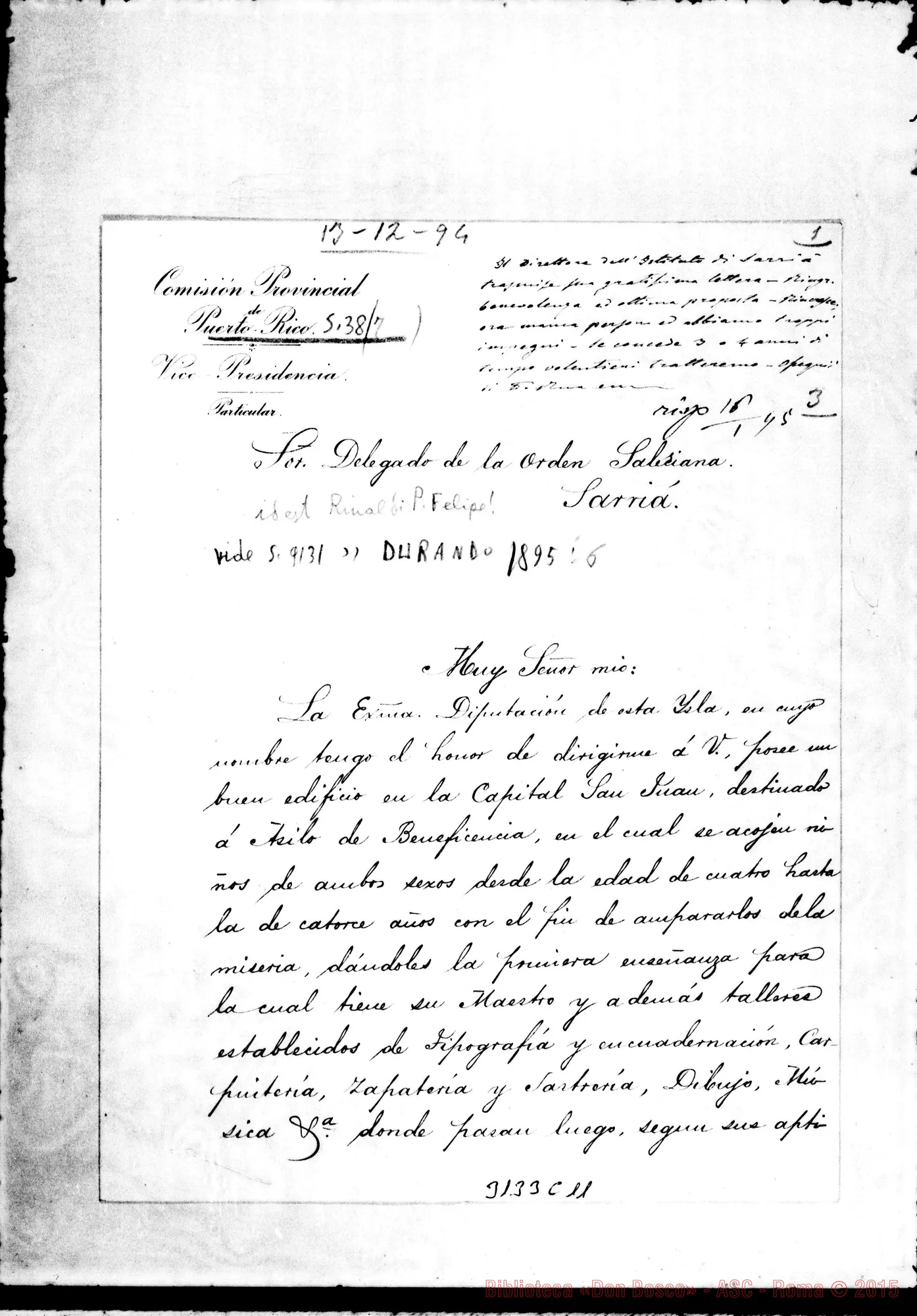 Fotogramma C 11 — S. Juan de Puerto Rico: Manuel Egazque - Orden Salesiana, il 13-12-1894