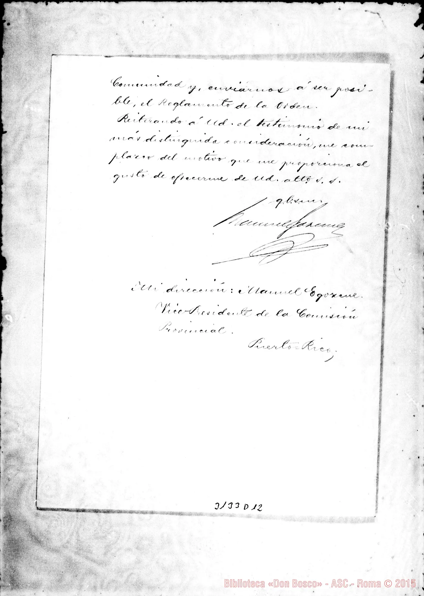 Fotogramma D 12 — Manuel Egazque - D. Rua, il 3-02-1896. Autogr. Rua
