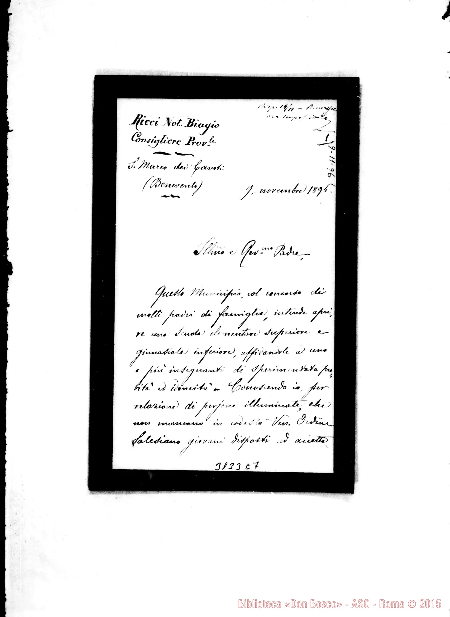 Fotogramma E 7 — S. Marco Cavoti: Biagio Ricci, notaio - Rev.do Padre. S. Marco Cavoti, 9-11-1896