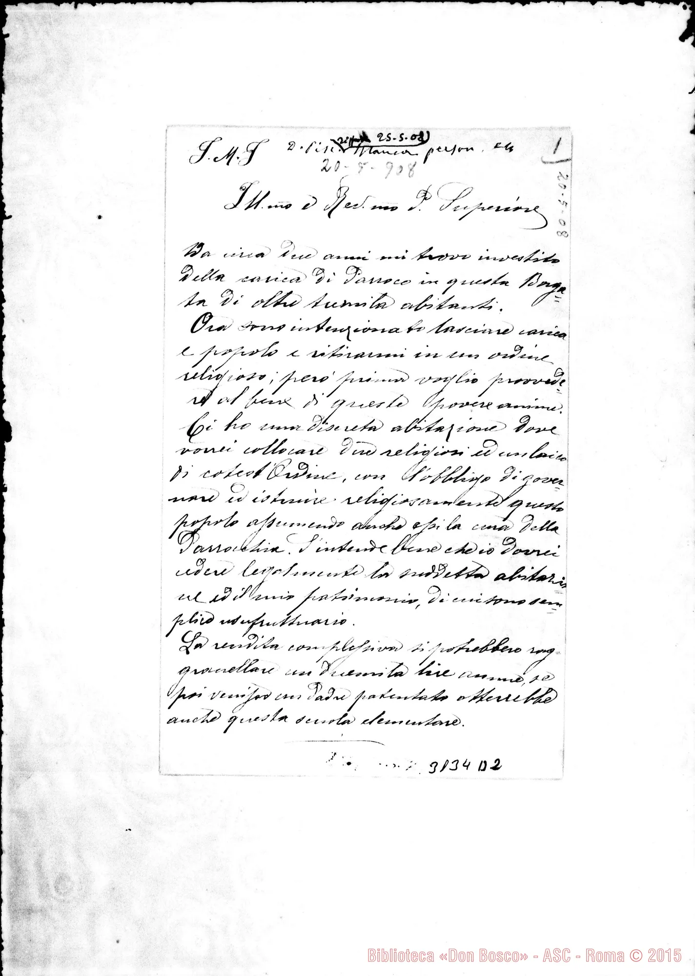Fotogramma D 2 — S. Michele - Lecce: Vito Argentieri, parroco - Rev.mo Padre, il 20-05-1908. Autogr. Rua