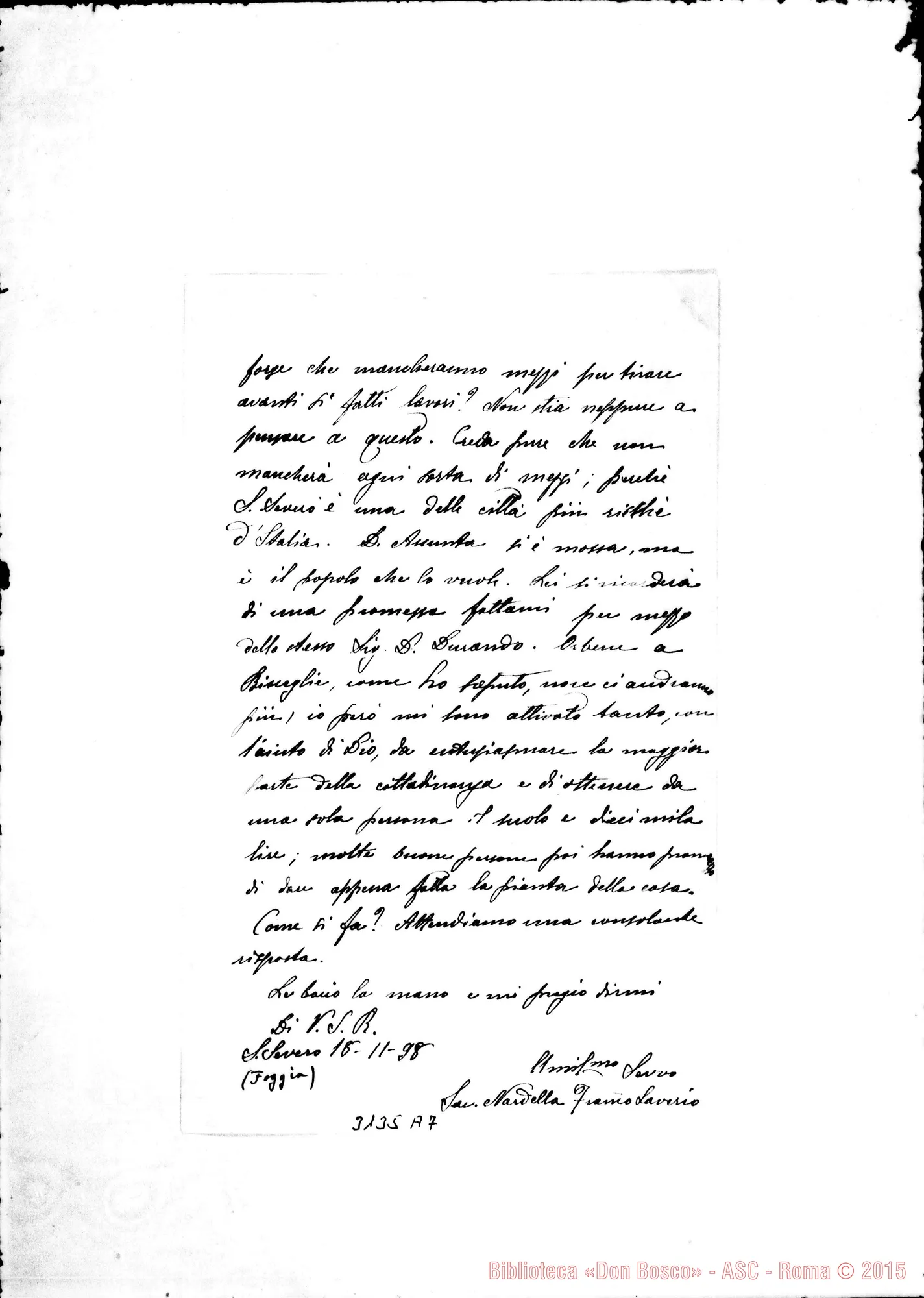 Fotogramma A 7 — Ch. Nardella Frane. Saverio - D. Rua. Sansevero, 18-11-1898. Autogr. Rua