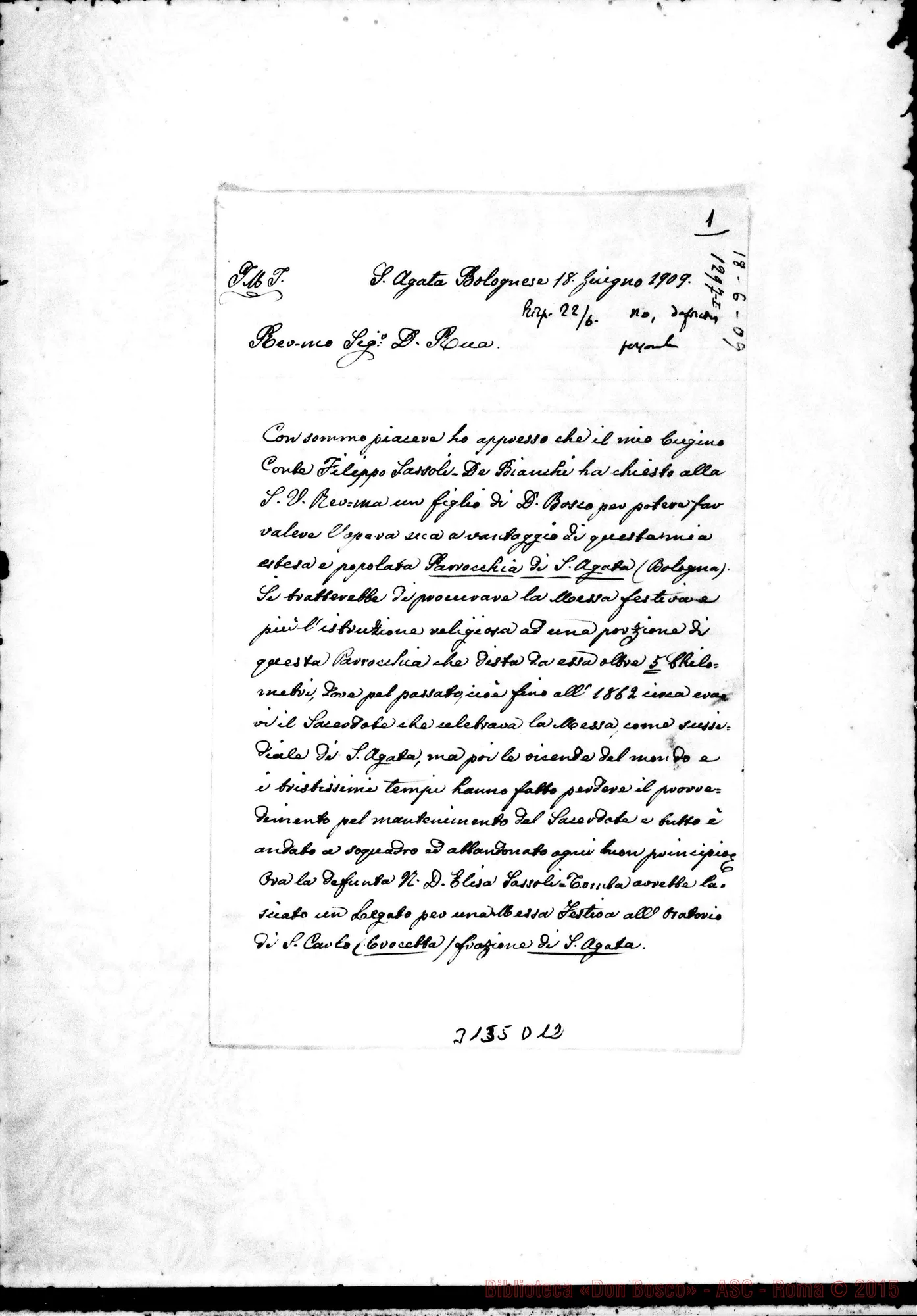 Fotogramma D 12 — S. Agata Bolognese: D. Luigi Magnavacca, arciprete - D. Rua. S. Agata, 18-06-1909