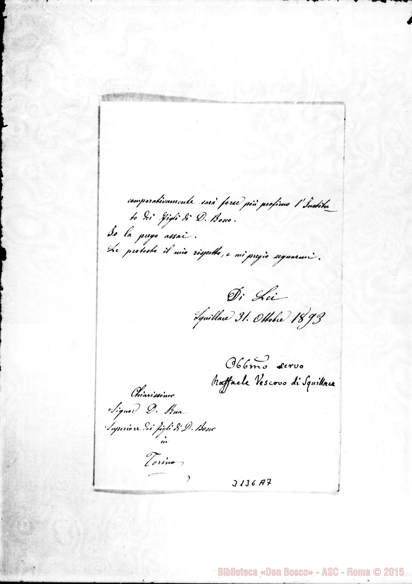 Fotogramma A 7 — Raffaele Morisciano, vesc. di Squillace - D. Rua. Squillace, 31-10-1893