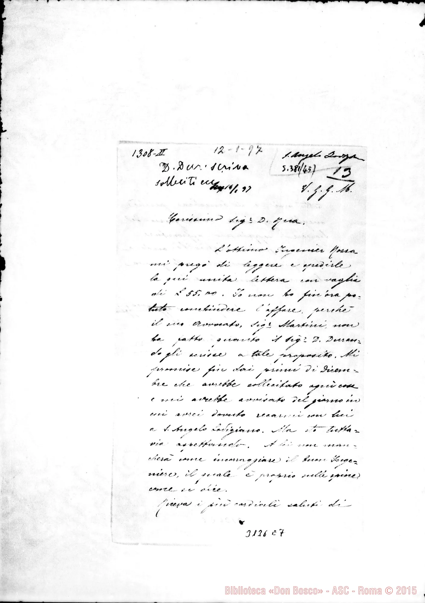 Fotogramma E 7 — D. Saluzzo Lorenzo - D. Rua. Milano, 12-01-1897. Autogr. Rua