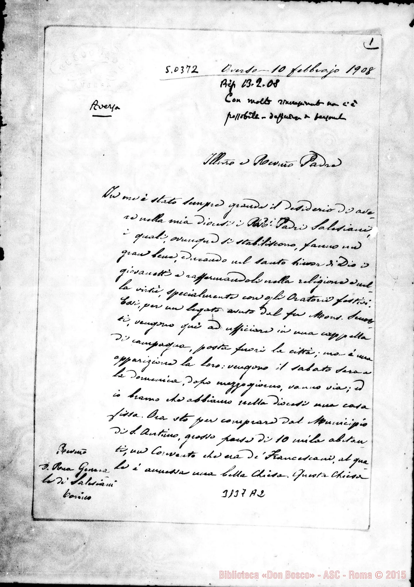 Fotogramma A 2 — S. Antimo: Francesco Vento, vesc. di Aversa - Rev.mo Padre. Aversa, 10-02-1908