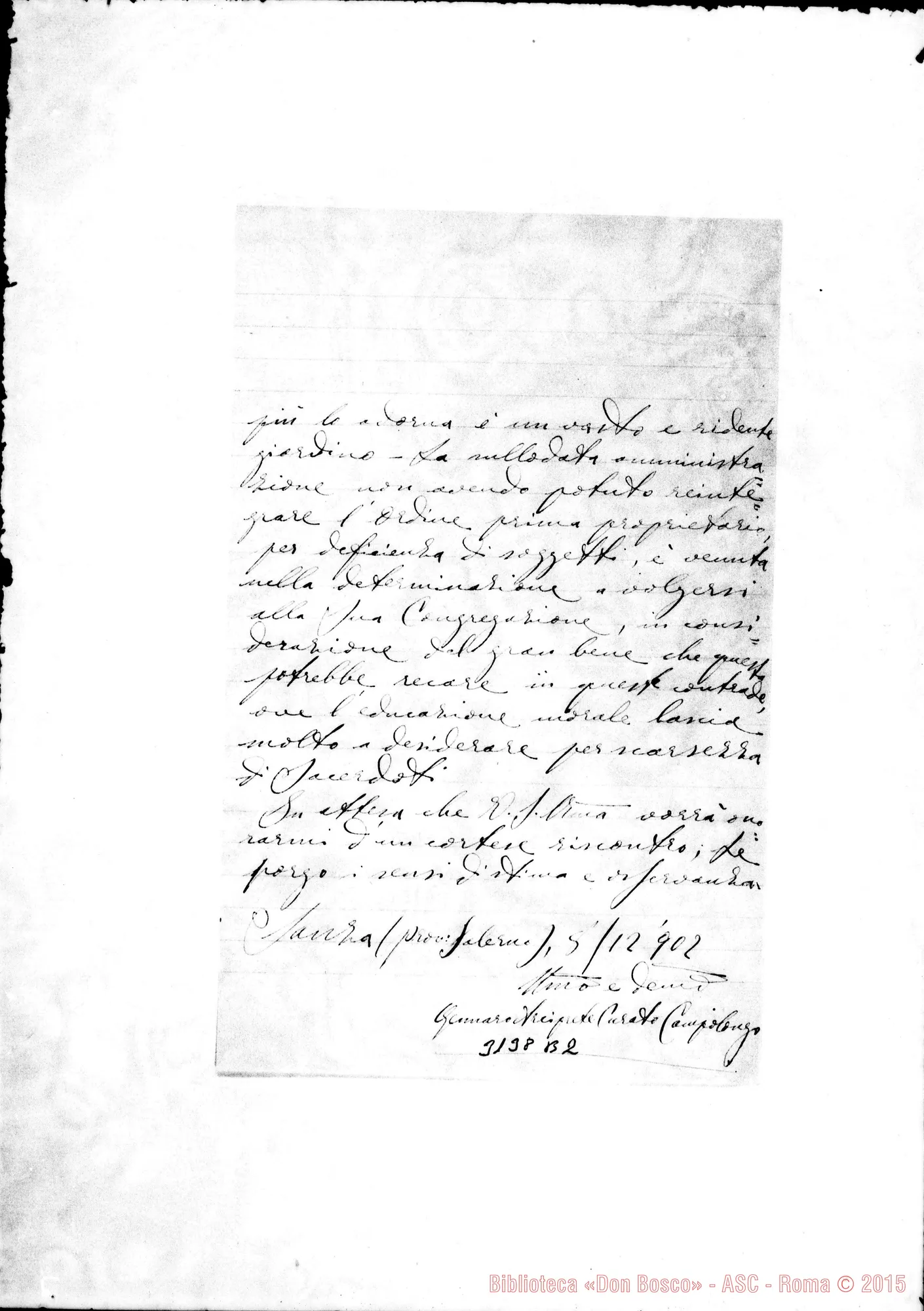 Fotogramma B 2 — Sanza (Salerno): Gennaro Campolongo, arciprete - Rev.do Superiore. Sanza, 8-12-1902