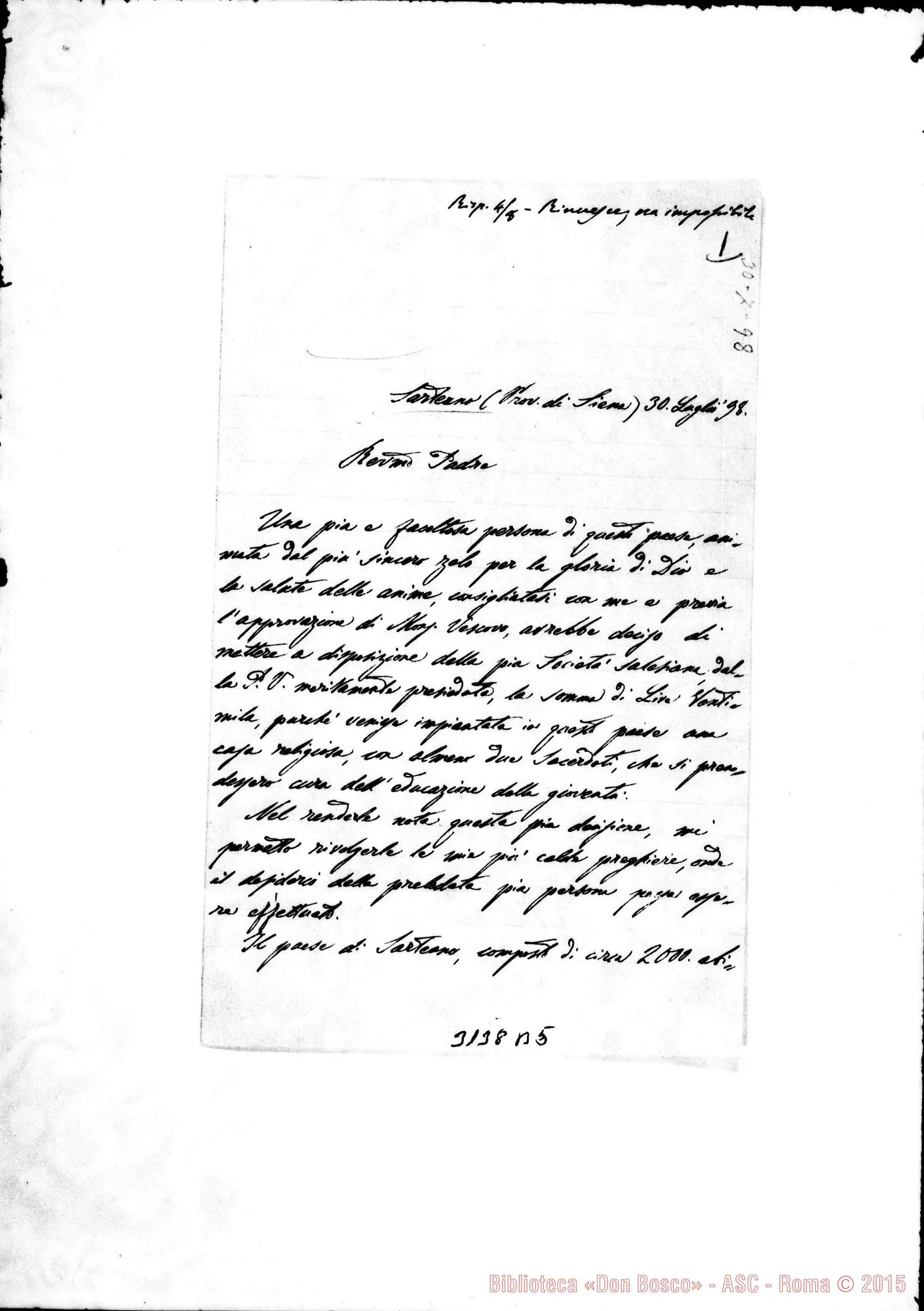 Fotogramma B 5 — Sarteano: Odoardo Martini, arciprete - Rev.mo Padre. Sarteano, 30-07-1898