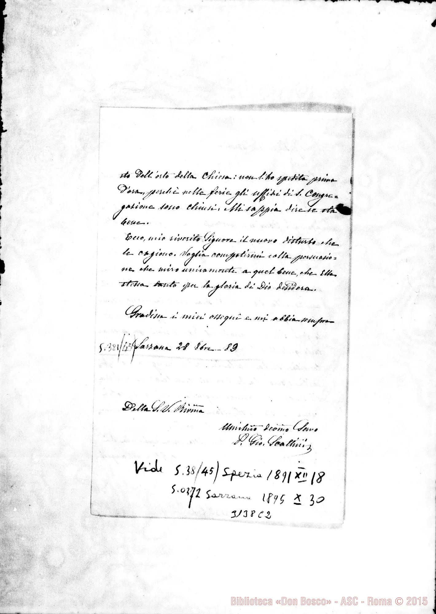 Fotogramma C 2 — D. Giovanni Scartini - Rev.mo Superiore. Sarzana, 28-10-1889