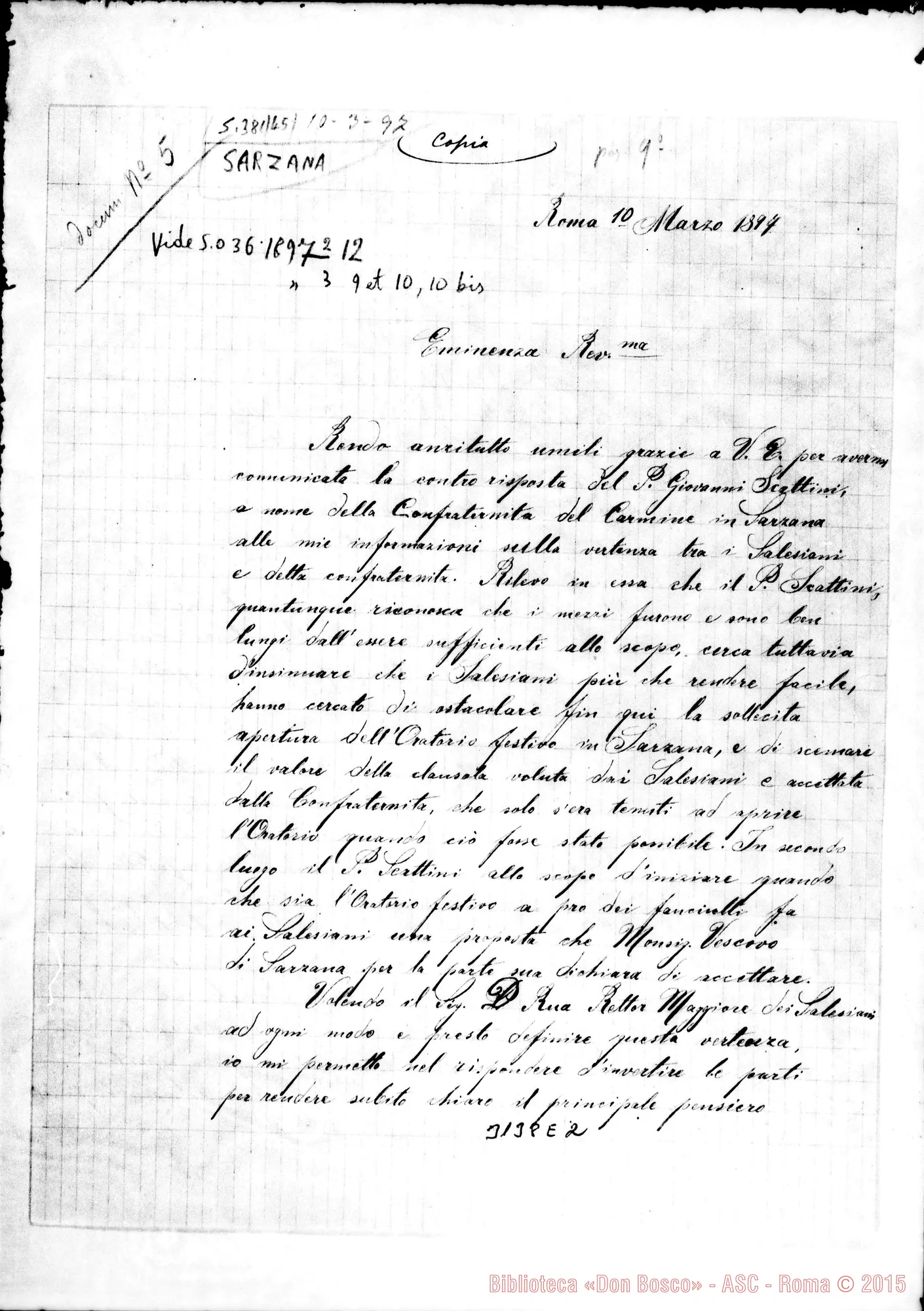 Fotogramma E 2 — D. Cagliero C. - Card. Prefetto Congr. dei W. E RR.. Roma, 10-03-1897. Copia