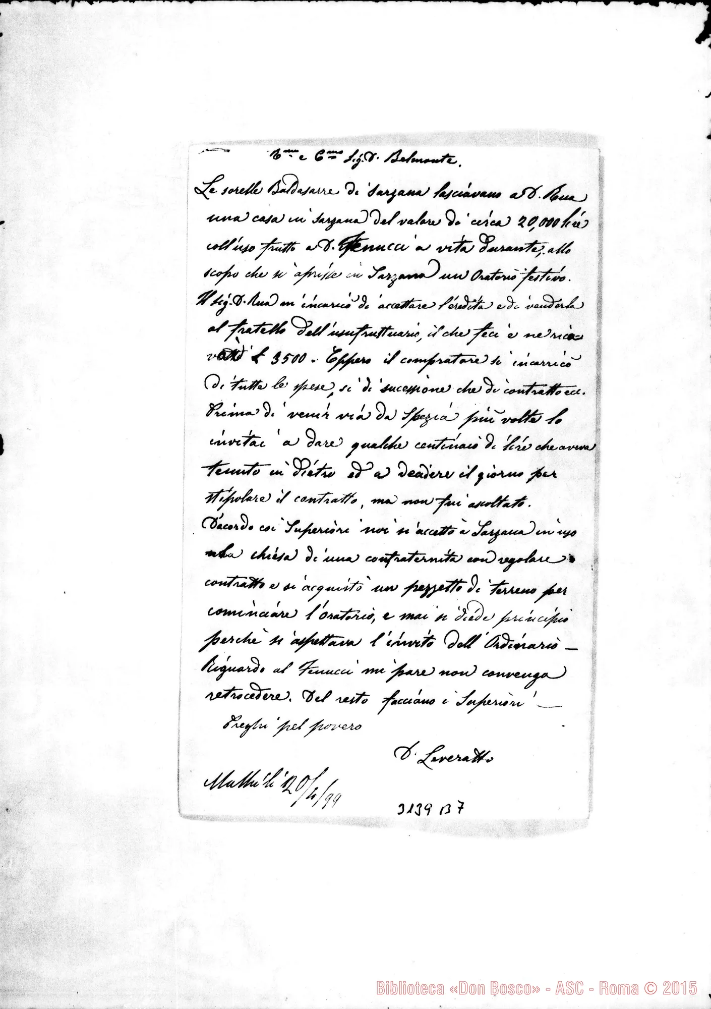 Fotogramma B 7 — Acci, due lettere: Belmonte-Leveratto E Leveratto-Belmonte. Apr.1899