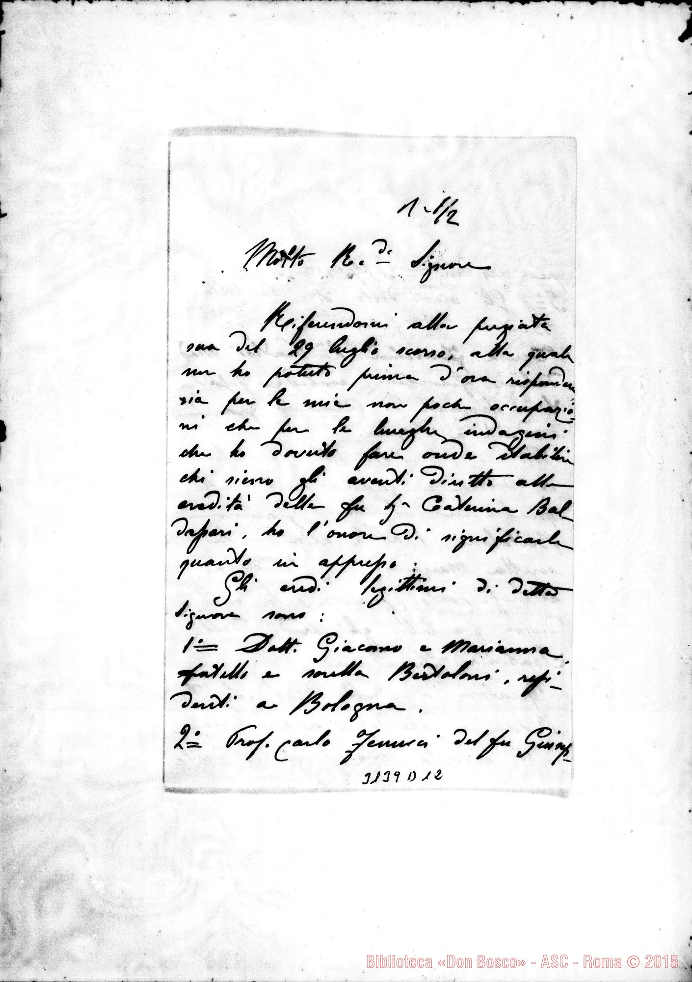 Fotogramma D 12 — Sac. Mario Fenucci - Rev.do Signore. Sarzana, 15-01-1904