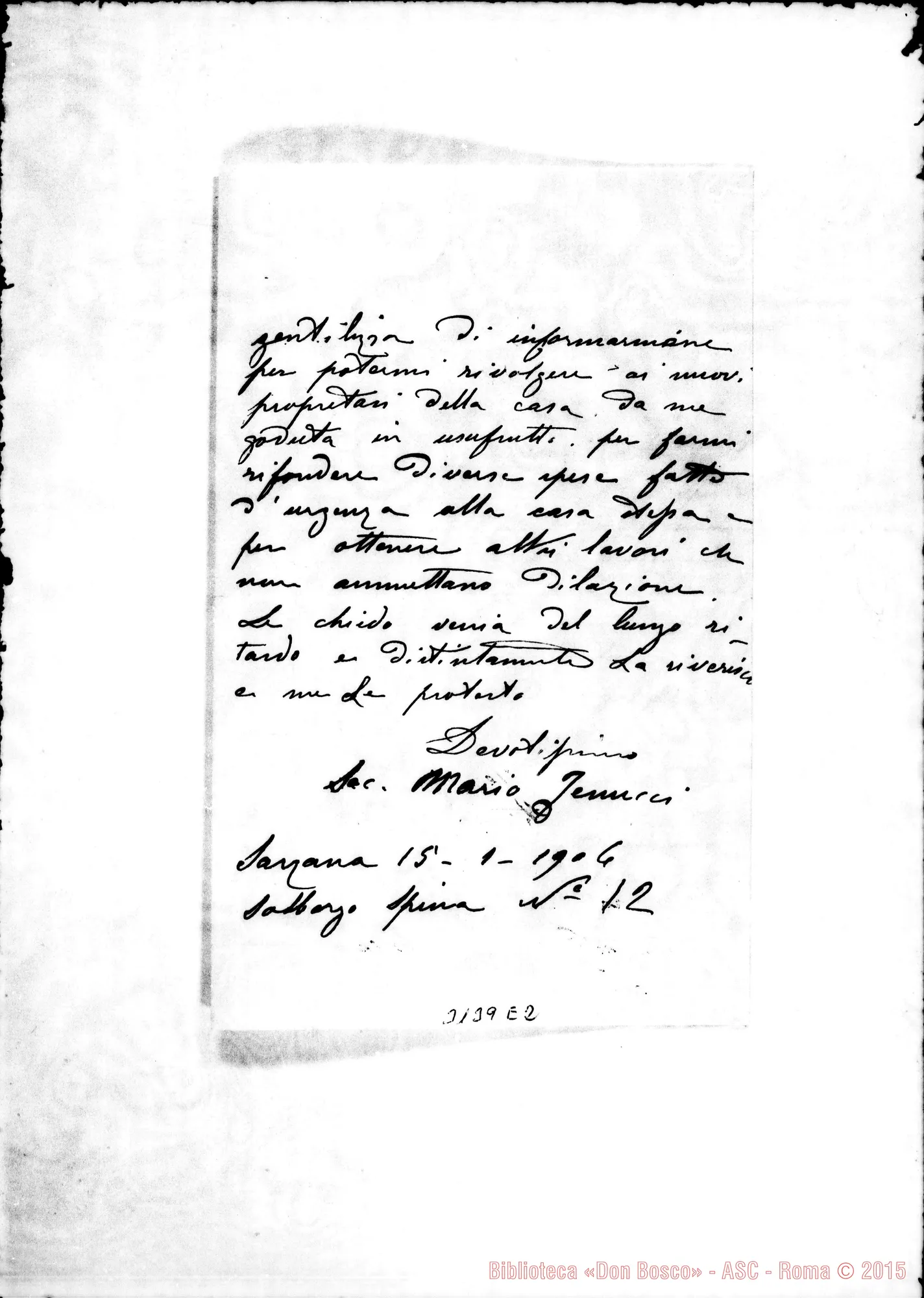 Fotogramma E 2 — Sac. Mario Fenucci - Rev.do Signore. Sarzana, 15-01-1904