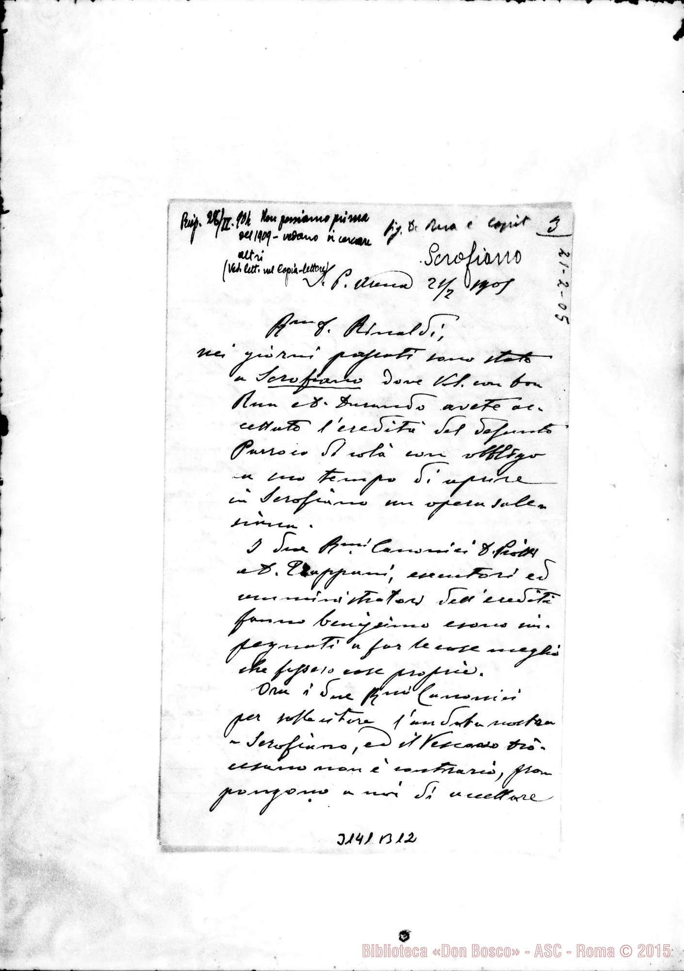 Fotogramma B 12 — Sac. Bussi - D. Rinaldi. Sampierdarena, 21-02-1905. Autogr. Rua