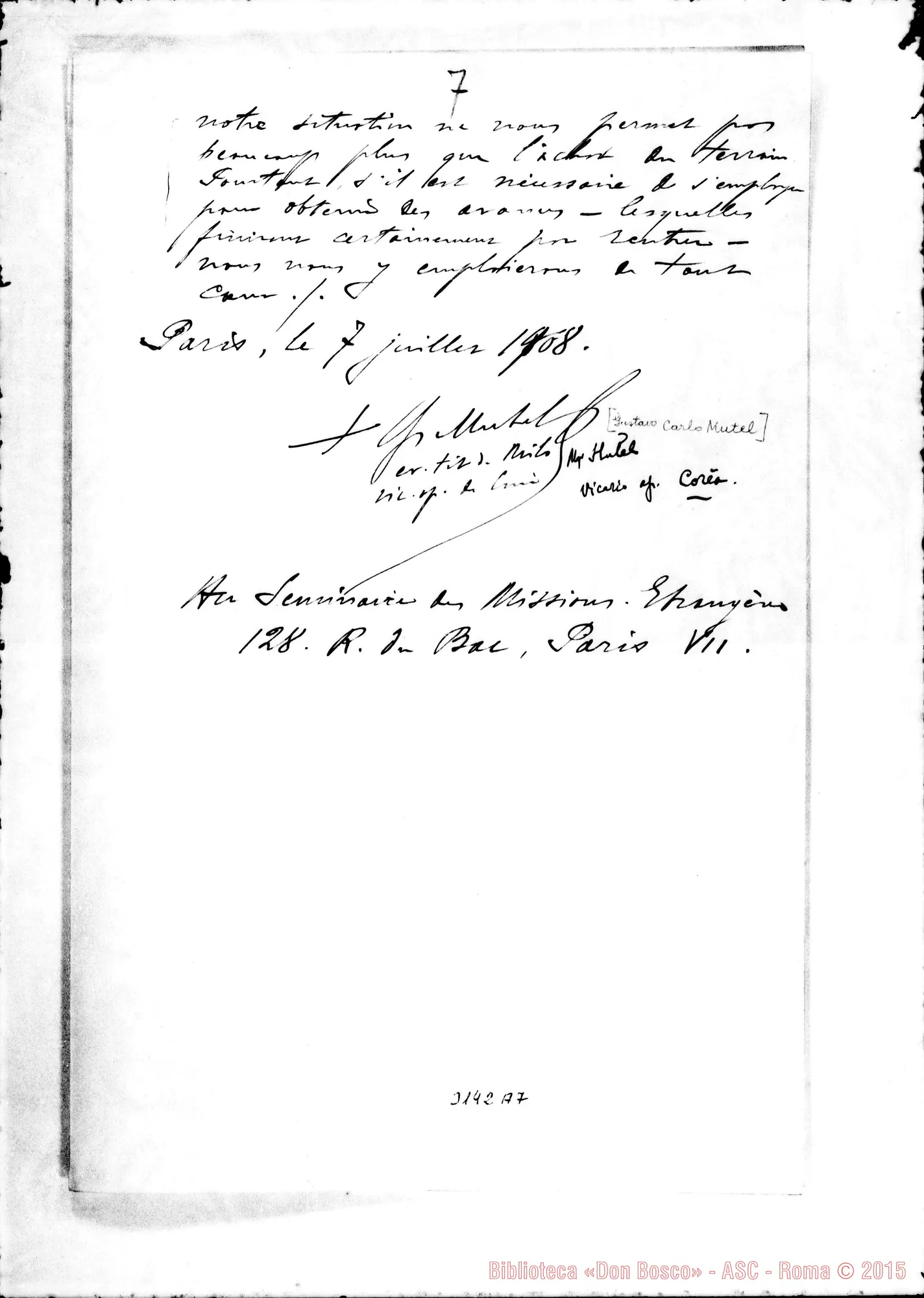 Fotogramma A 7 — Seoul: Gustavo Carlo Mutel, vesc.: Note per una fondazione. Paris, 7-07-1908