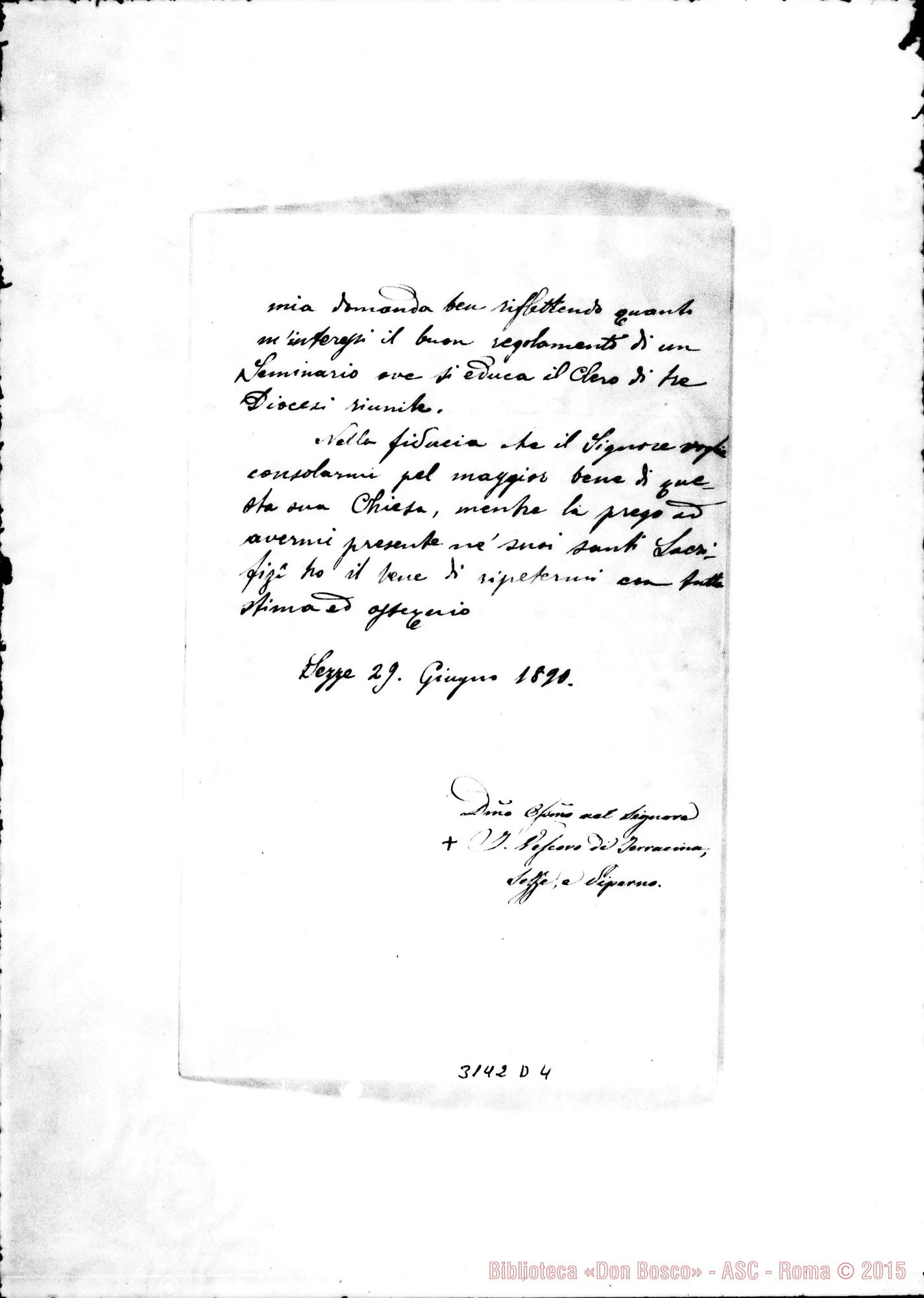 Fotogramma D 4 — Sezze: Thomas Mesmer, vesc. di sezze - D. Cagliero. Giu.1890.
