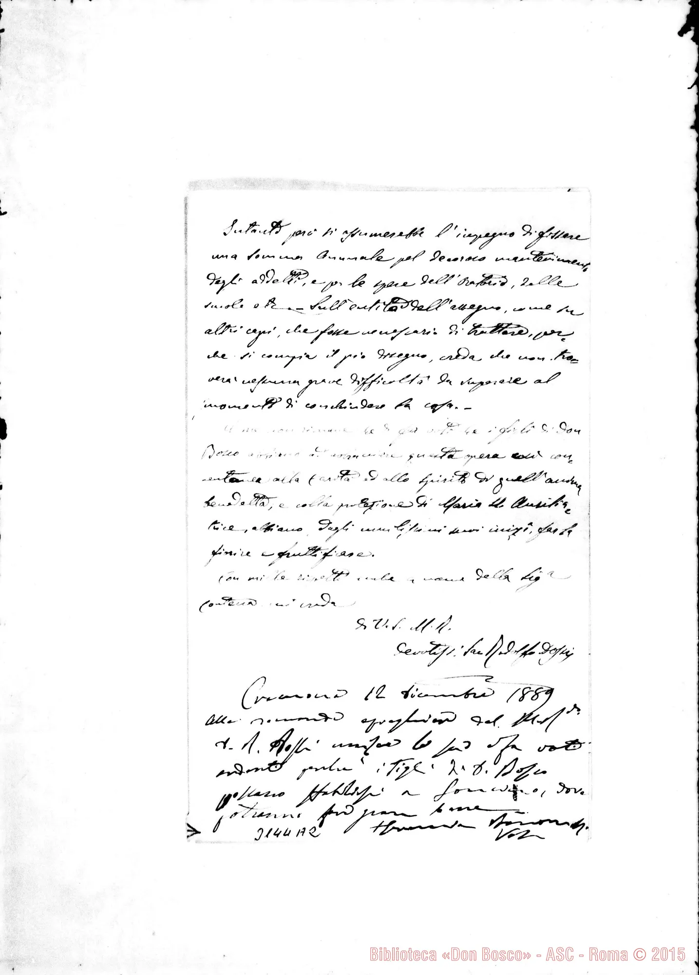 Fotogramma A 2 — Soncino: Sac. Rodolfo Dossi - Rev.do Sig., 1’ 11-12-1889. Autogr. Rua