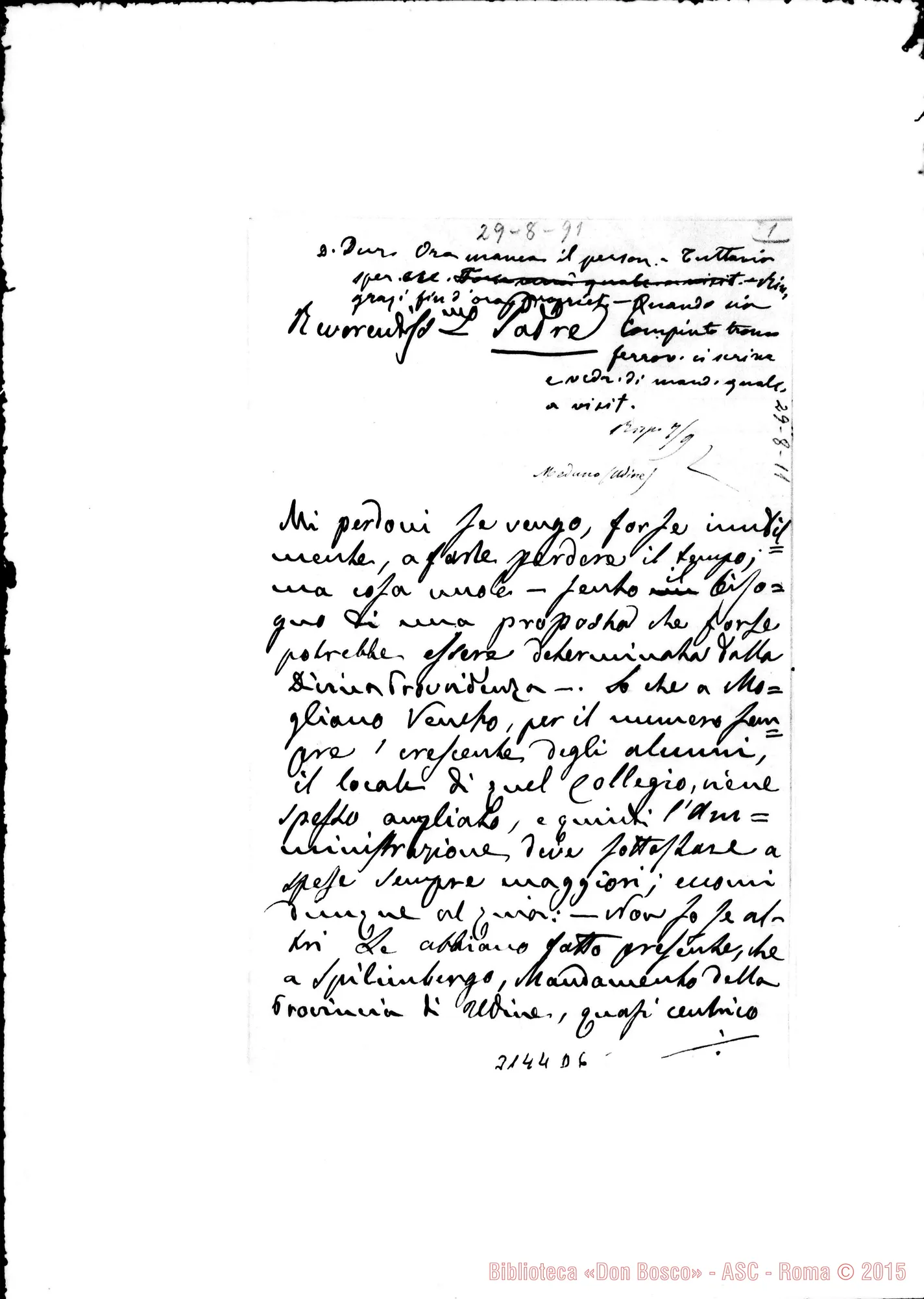 Fotogramma D 6 — Spilimbergo: D. C. Cagliero - Rev.mo Padre. Meduno, 29-08-1891. Autogr. Rua