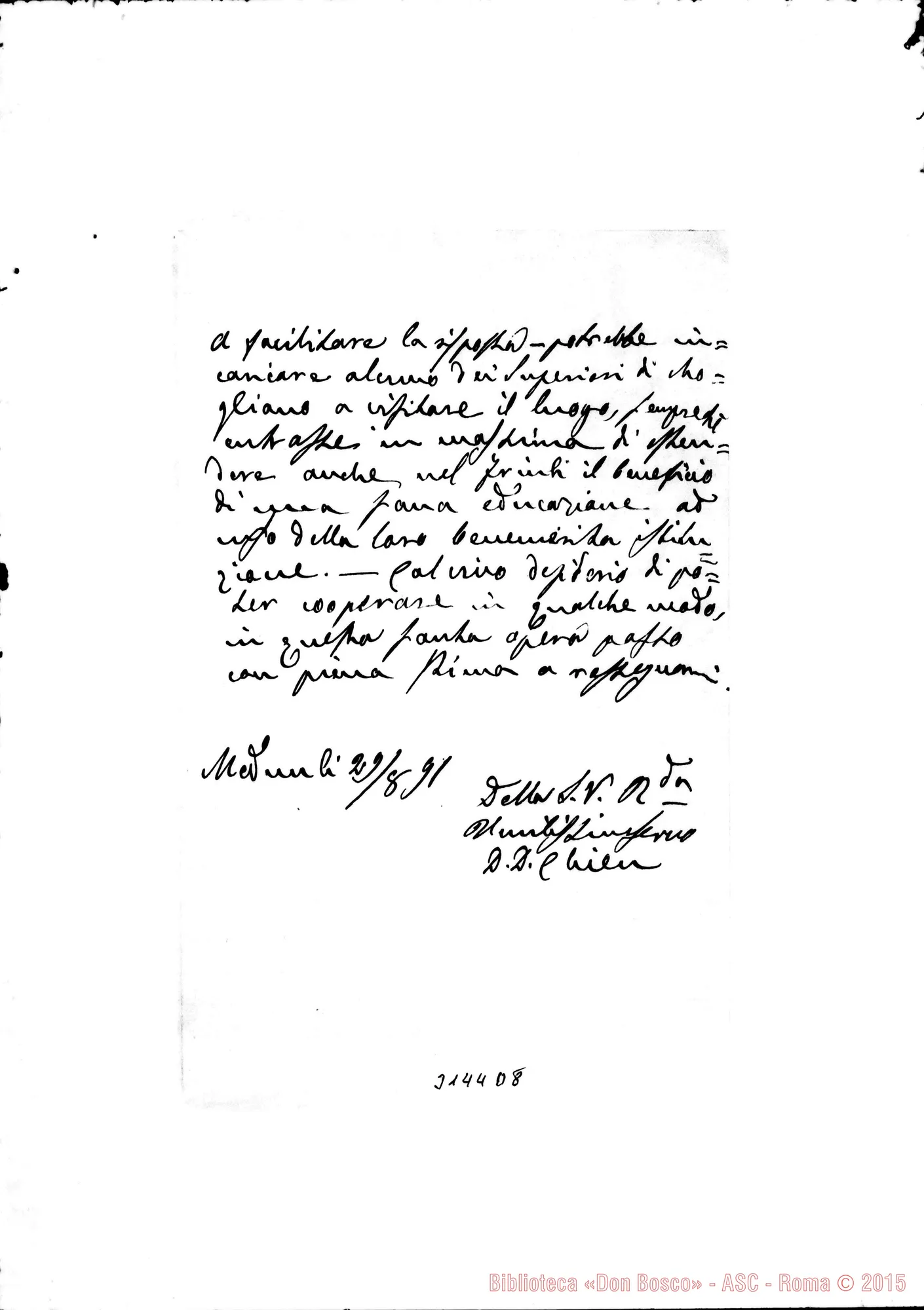 Fotogramma D 8 — Spilimbergo: D. C. Cagliero - Rev.mo Padre. Meduno, 29-08-1891. Autogr. Rua