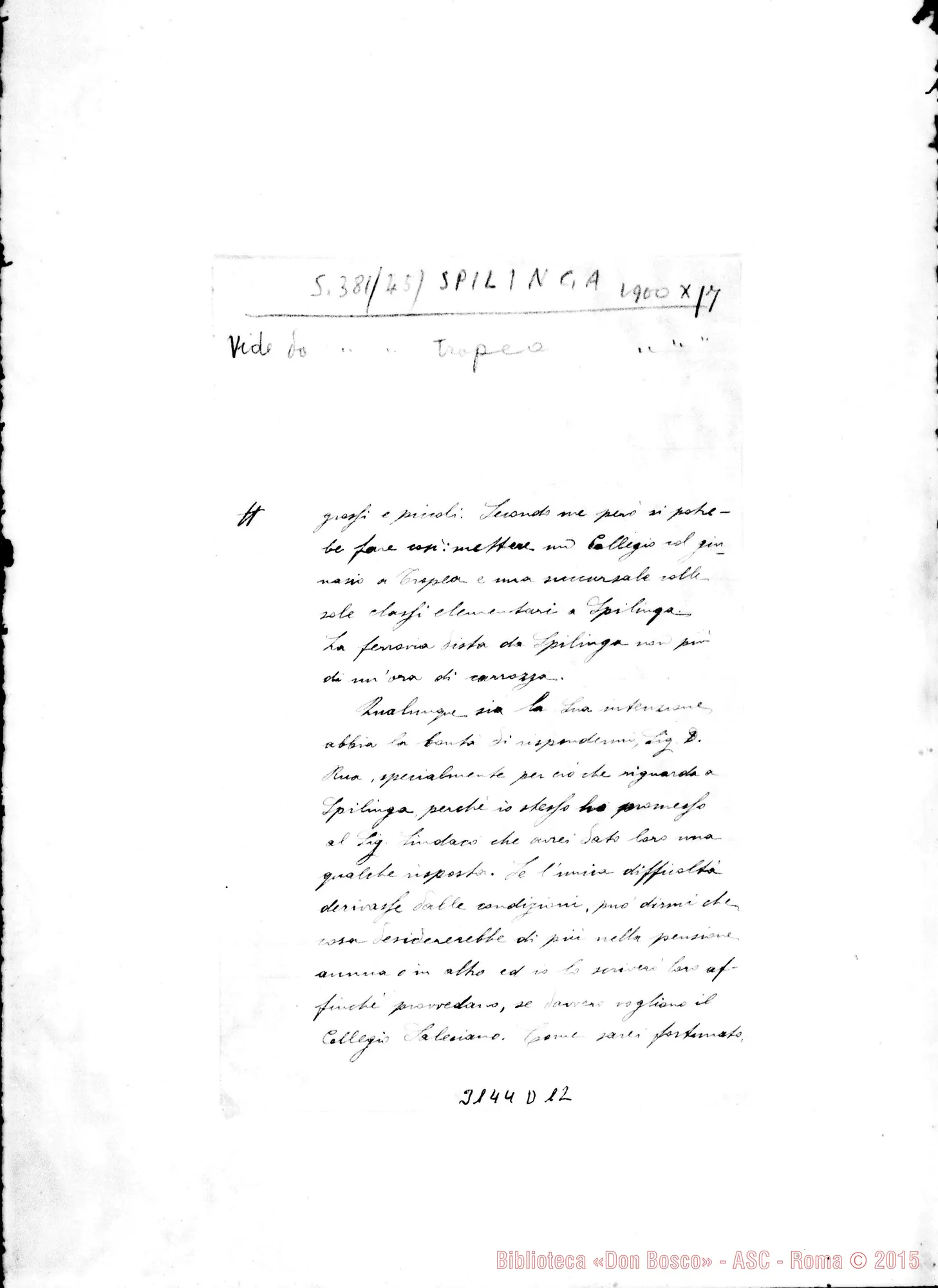 Fotogramma D 12 — Spilinga: Ch. Michele Purità: lettera incompleta. Alvito, 17-10-1900