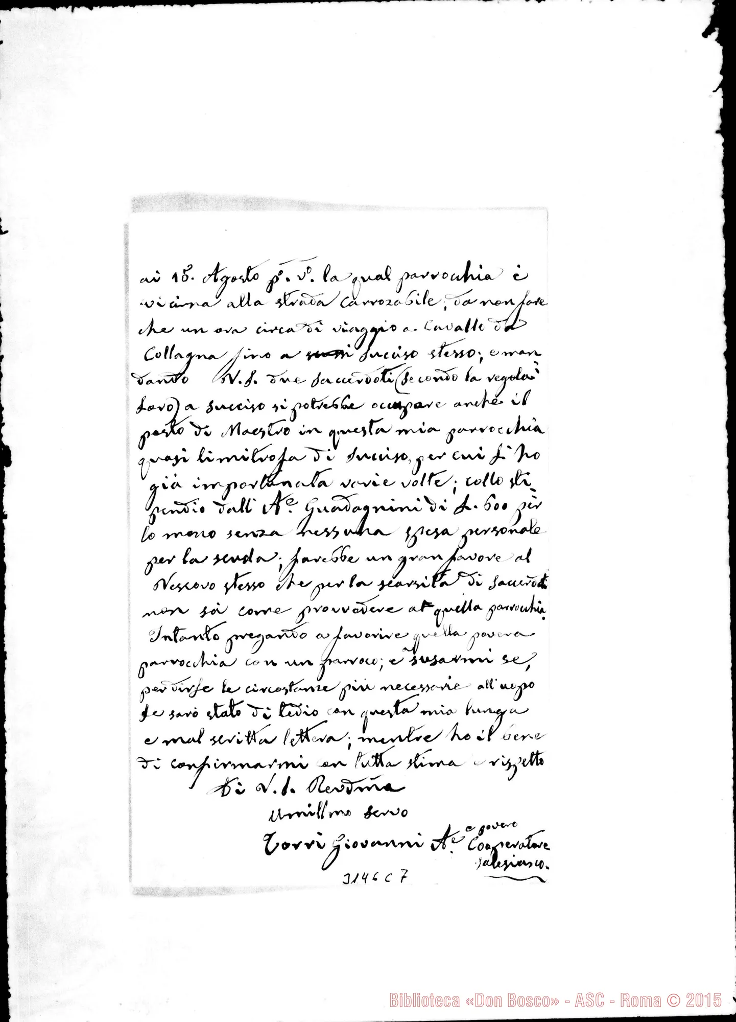 Fotogramma C 7 — Succiso: Torri Giovanni, coop. - Rev.mo Sig., il 12-06-1889. Autogr. Rua