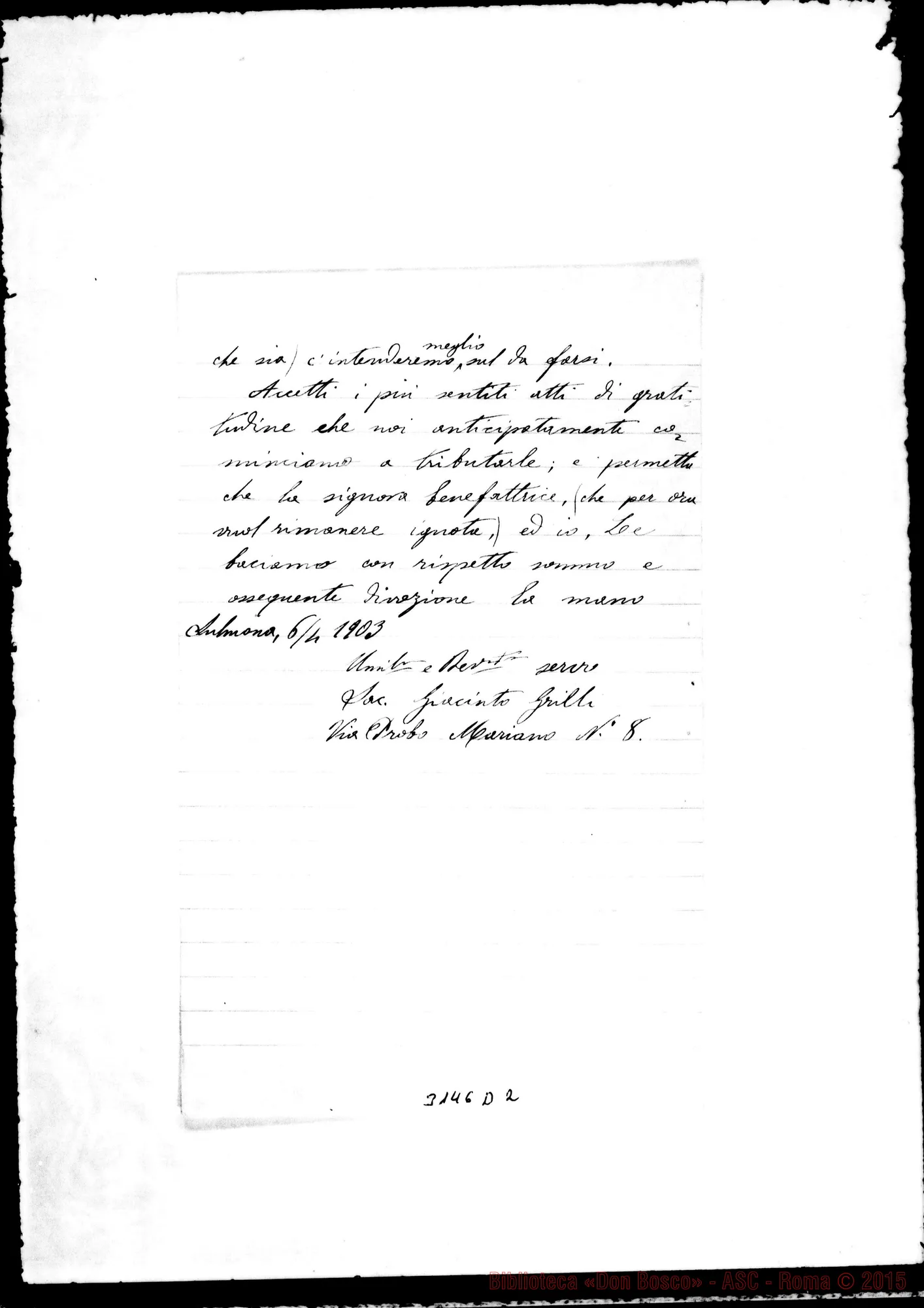 Fotogramma D 2 — Sulmona: Sac. Giacinto Grilli - Rev.mo Padre. Sulmona, 6-04-1903