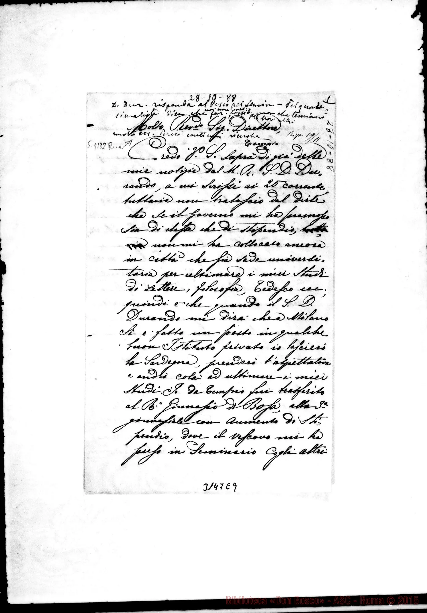 Fotogramma E 9 — Tempio: Rossi Teol. Antonio - Direttore. Bosa, 28-10-1888. Autogr. Rua