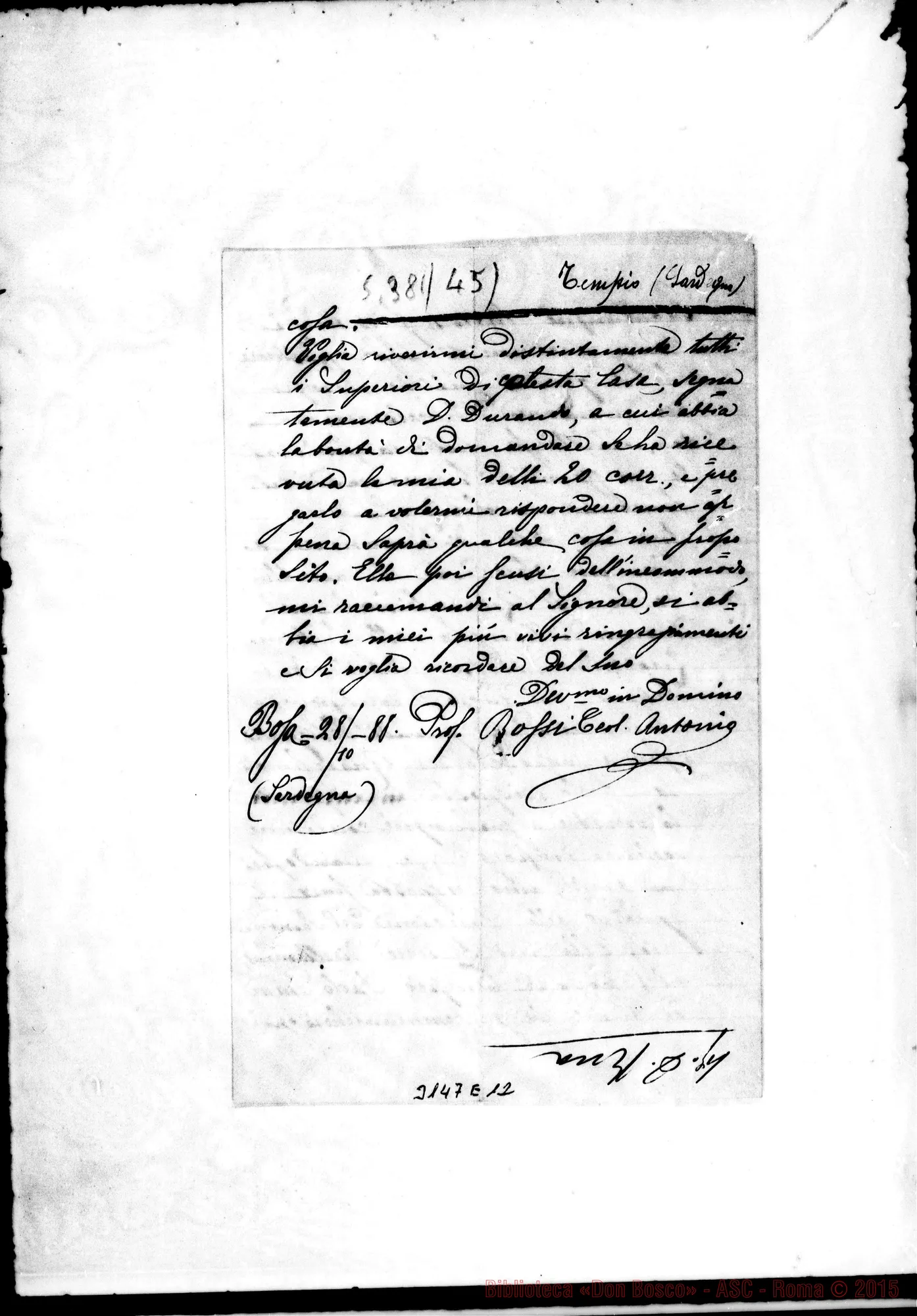 Fotogramma E 12 — Tempio: Rossi Teol. Antonio - Direttore. Bosa, 28-10-1888. Autogr. Rua