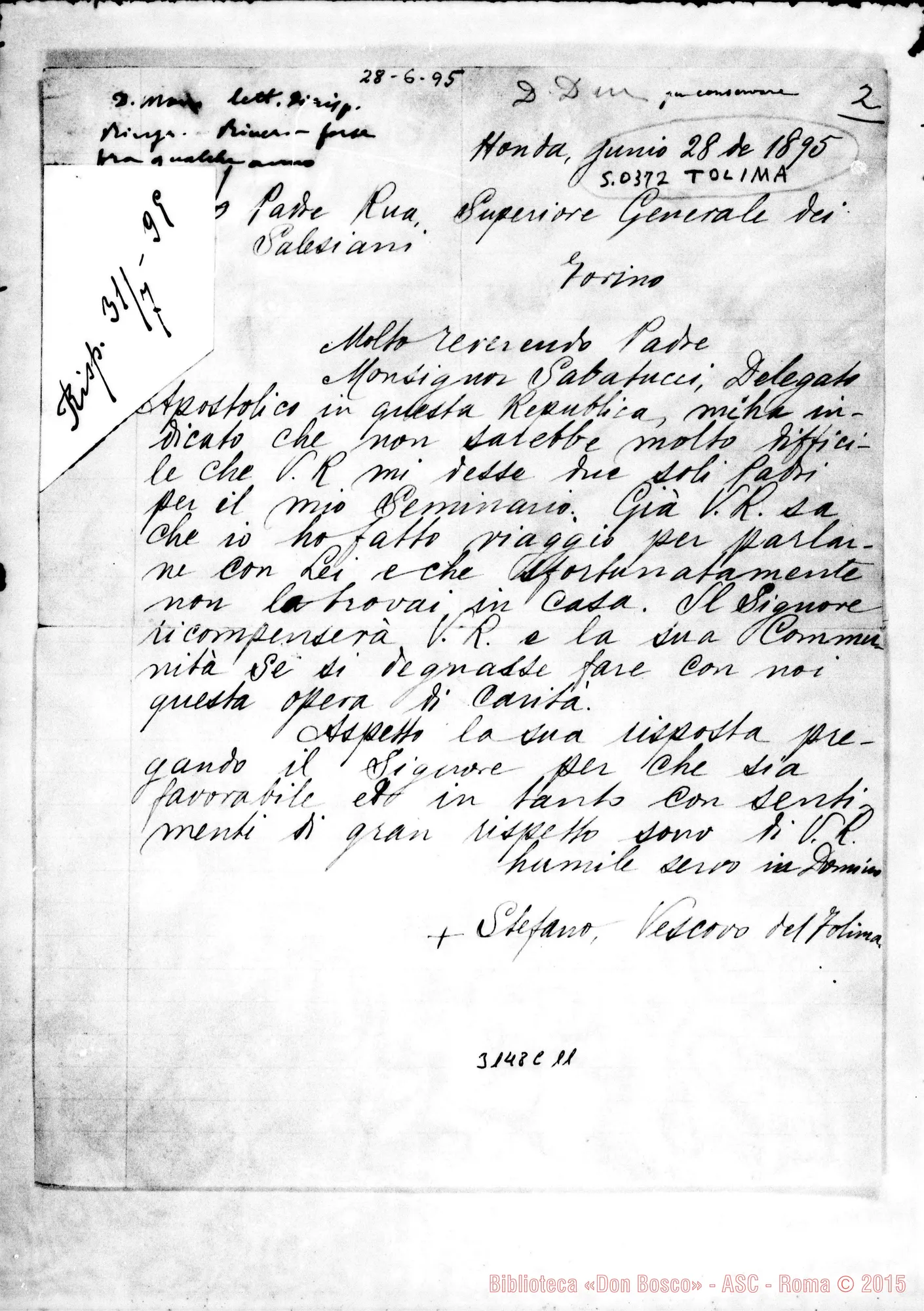Fotogramma C 11 — Tolima: Stefano Rojas, vesc. di Tolima - D. Rua. Honda, 28-06-1895. Autogr. Rua