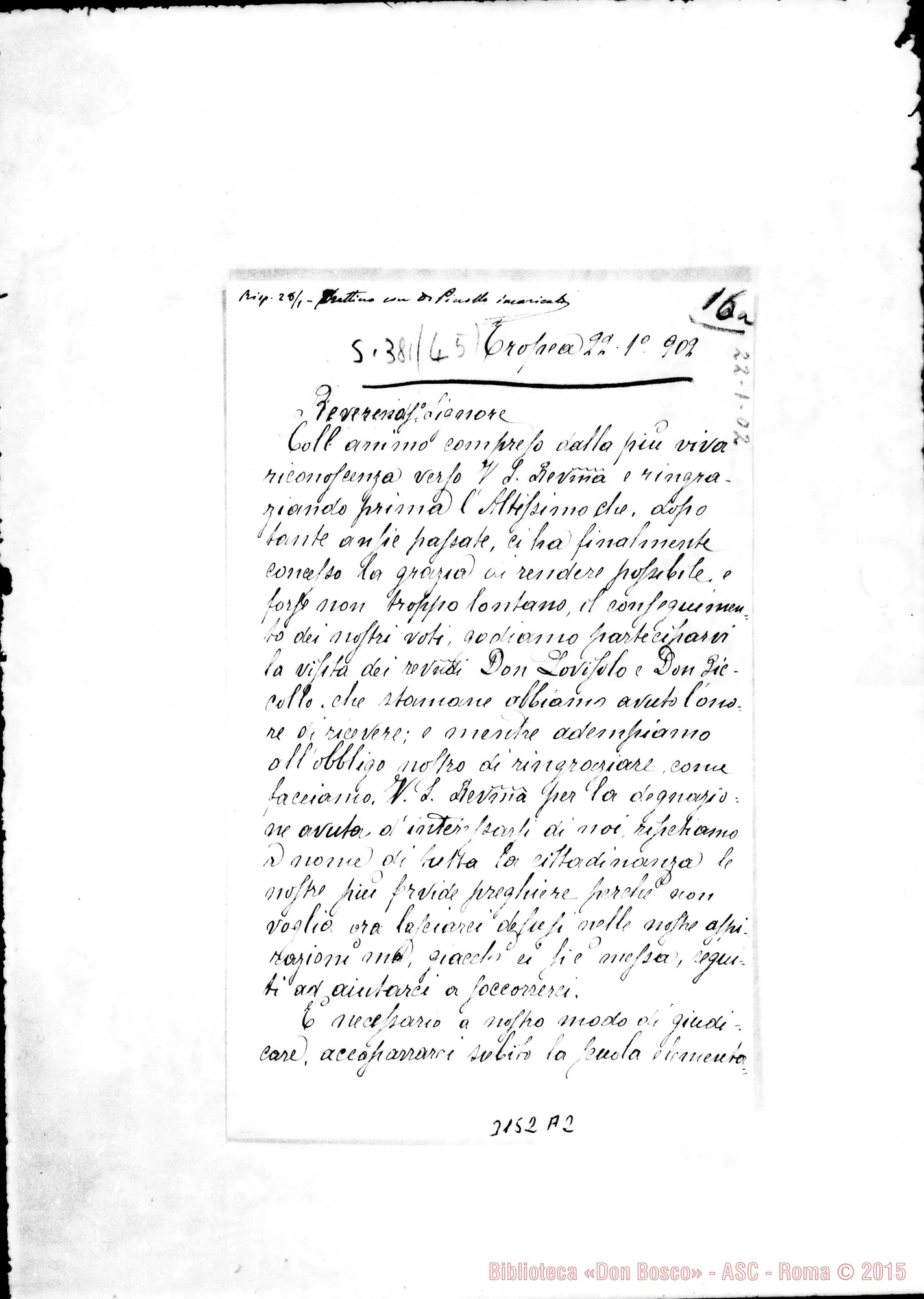 Fotogramma A 2 — Comitato di Tropea - Rev.do Signore. Tropea, 22-01-1902