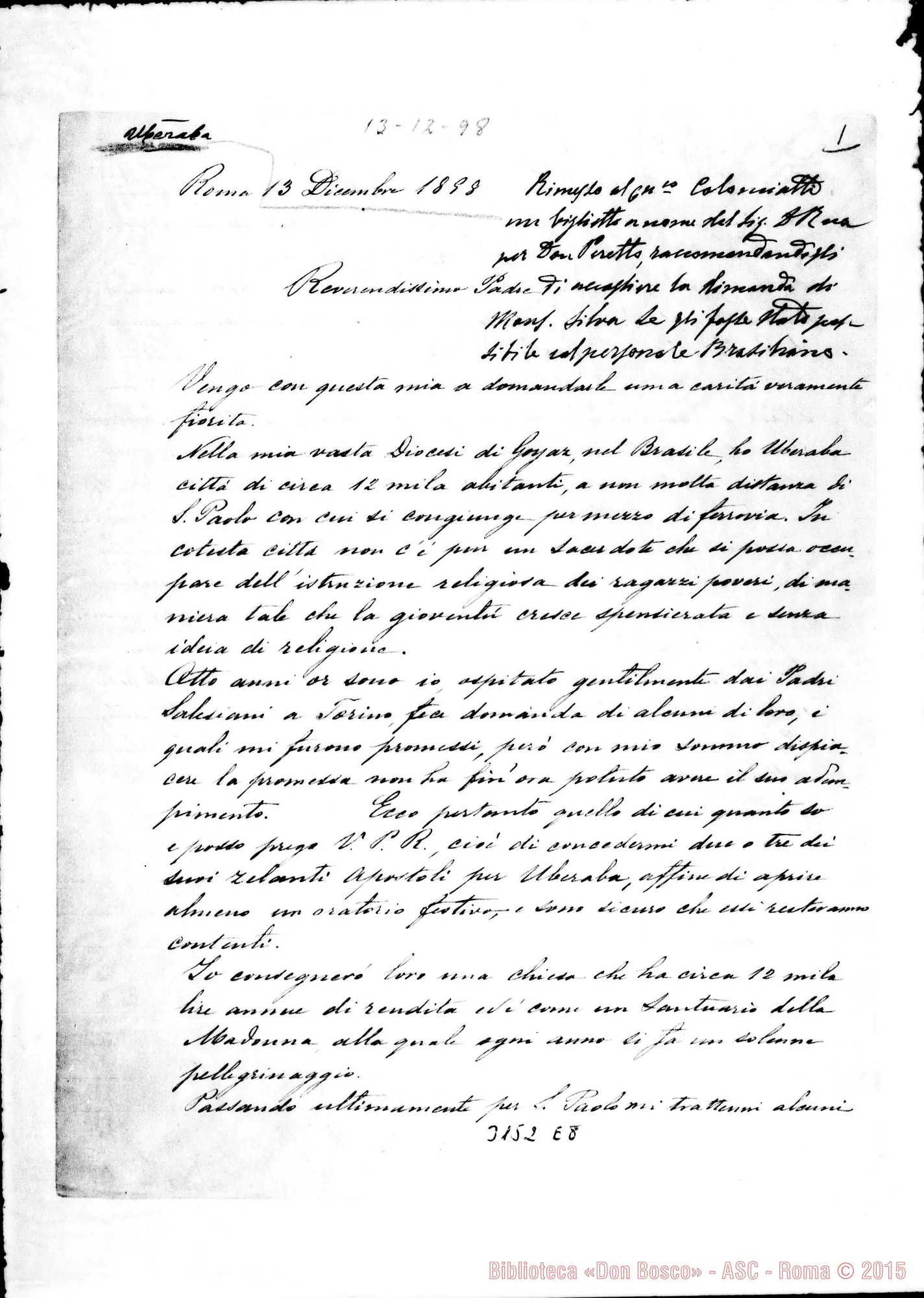 Fotogramma E 8 — Uberaba: Eduardo Duarte Silva, vesc. di Goyaz - Rev.mo Padre. Roma, 3-12-1898
