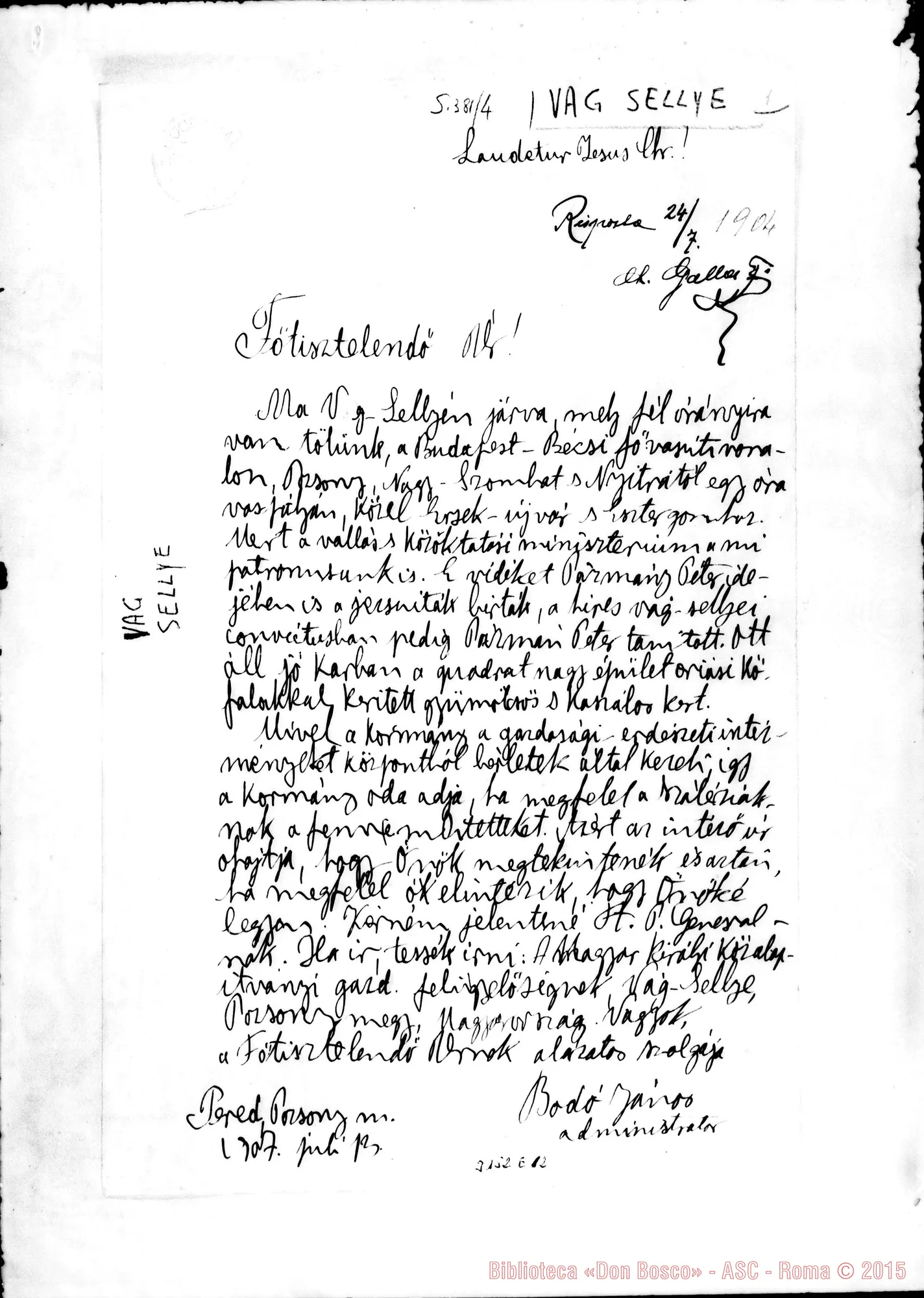 Fotogramma E 12 — Vag Selleye: Sac. Giovanni Bodó - Rev.mo Signore, il 13-07-1907