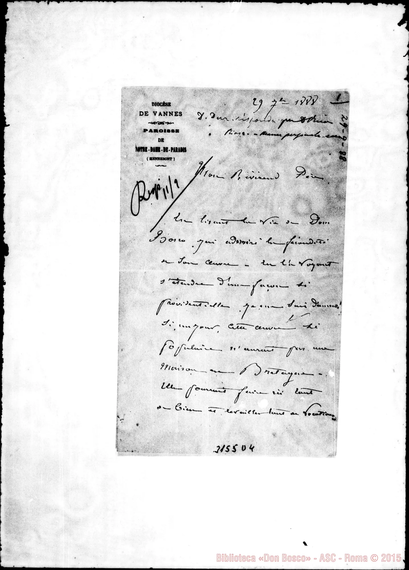 Fotogramma D 4 — Vannes: Cure de Notre Dame de Paradis - Révérend. Sett. 1888. Autogr. Rua