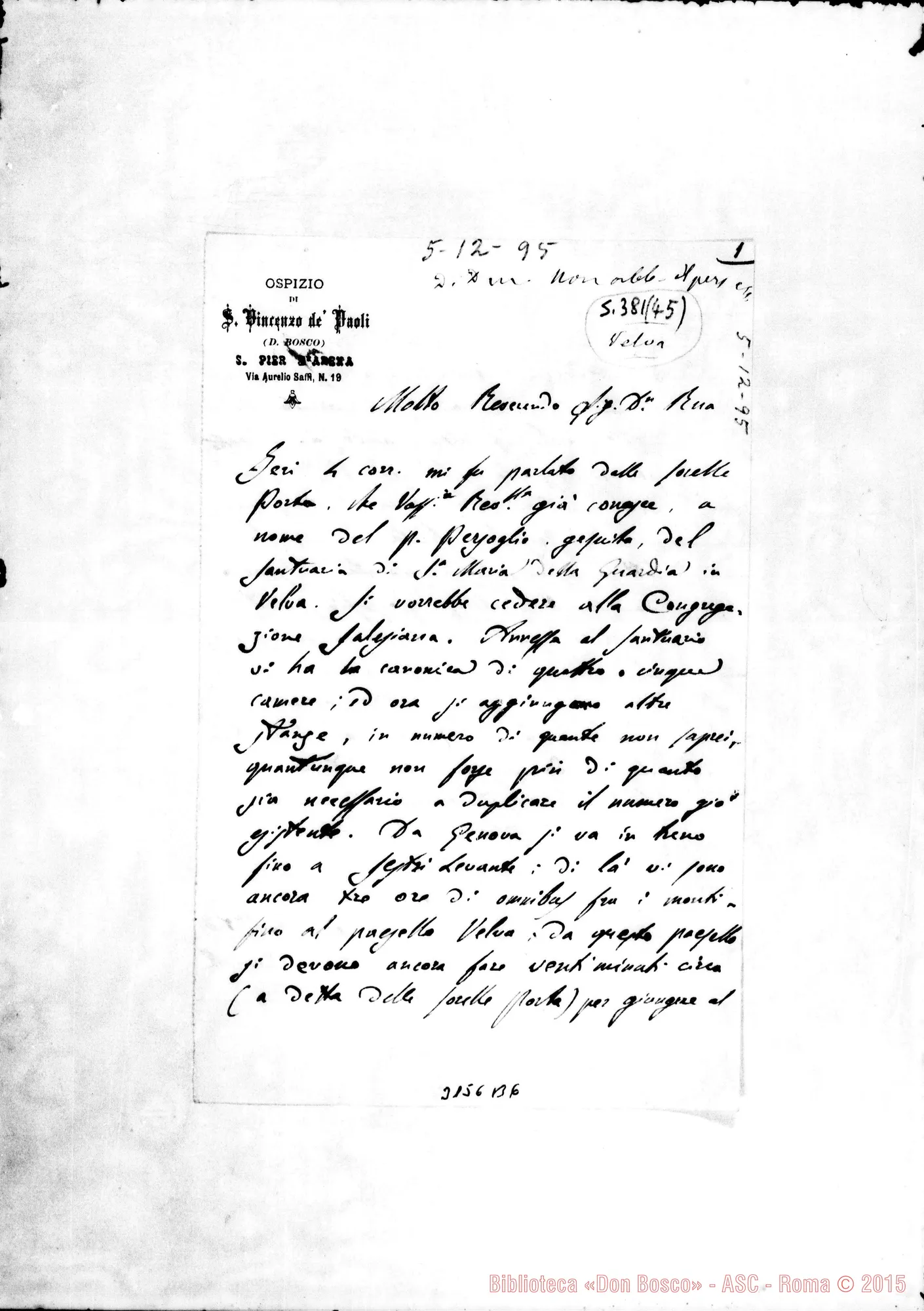 Fotogramma B 6 — Velva: D. Giovanni Tamietti - D. Rua. Sampierdarena, 5-12-1895. Autogr. Rua