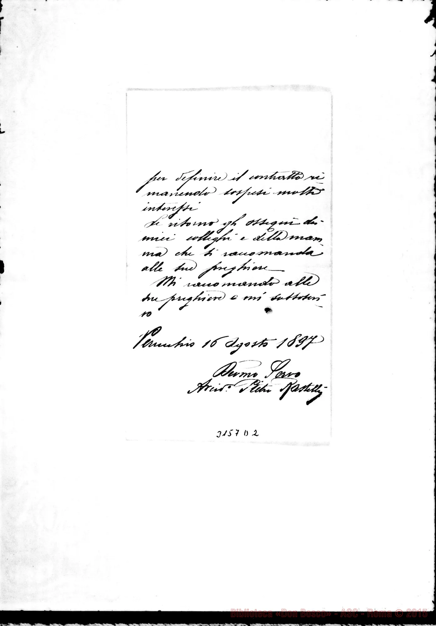 Fotogramma D 2 — D. Pietro Rastelli - Rev.mo Signore. Verucchio, 16-08-1897