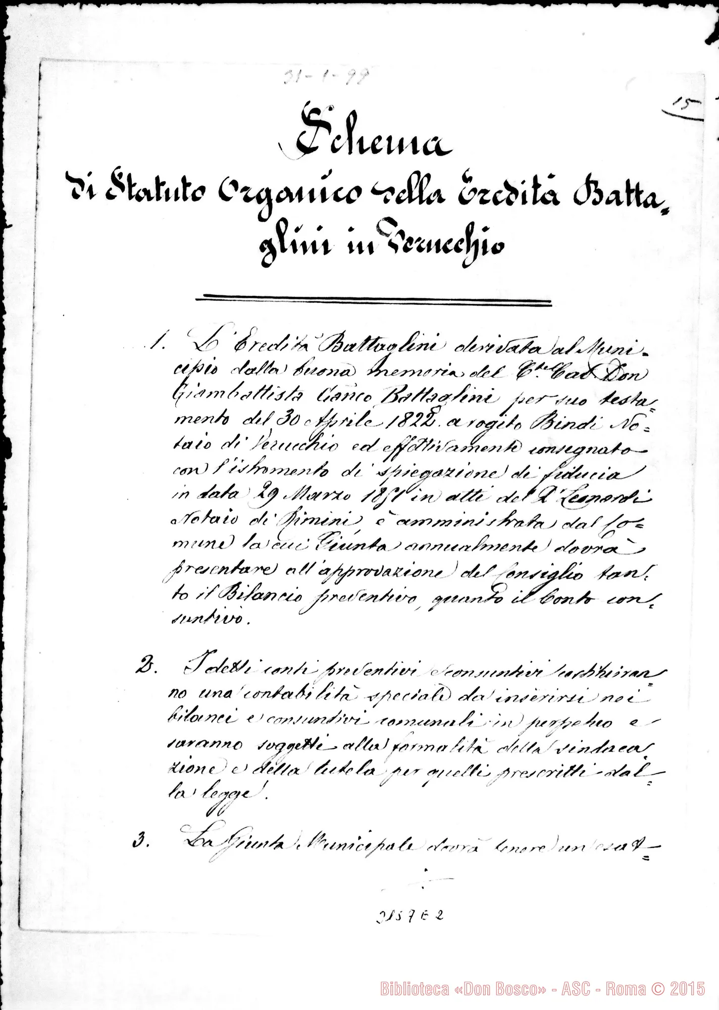 Fotogramma E 2 — Sindaco Giuccioli: Schema di Statuto Organico