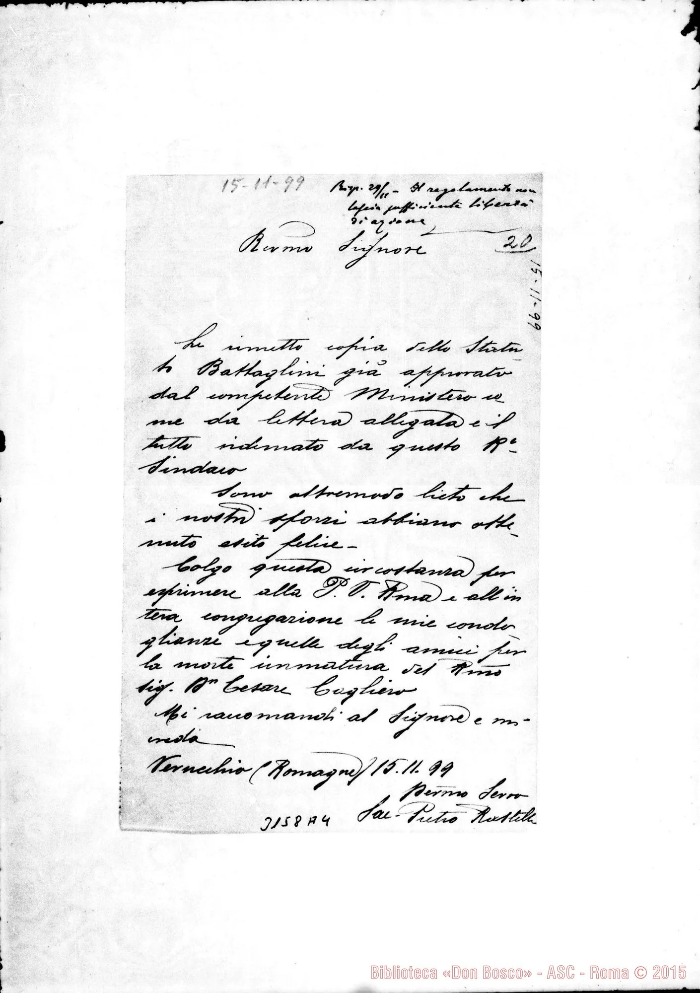 Fotogramma A 4 — Sac. can. Pietro Rastelli - Rev.mo Sig.. Verucchio, 15-11-1899