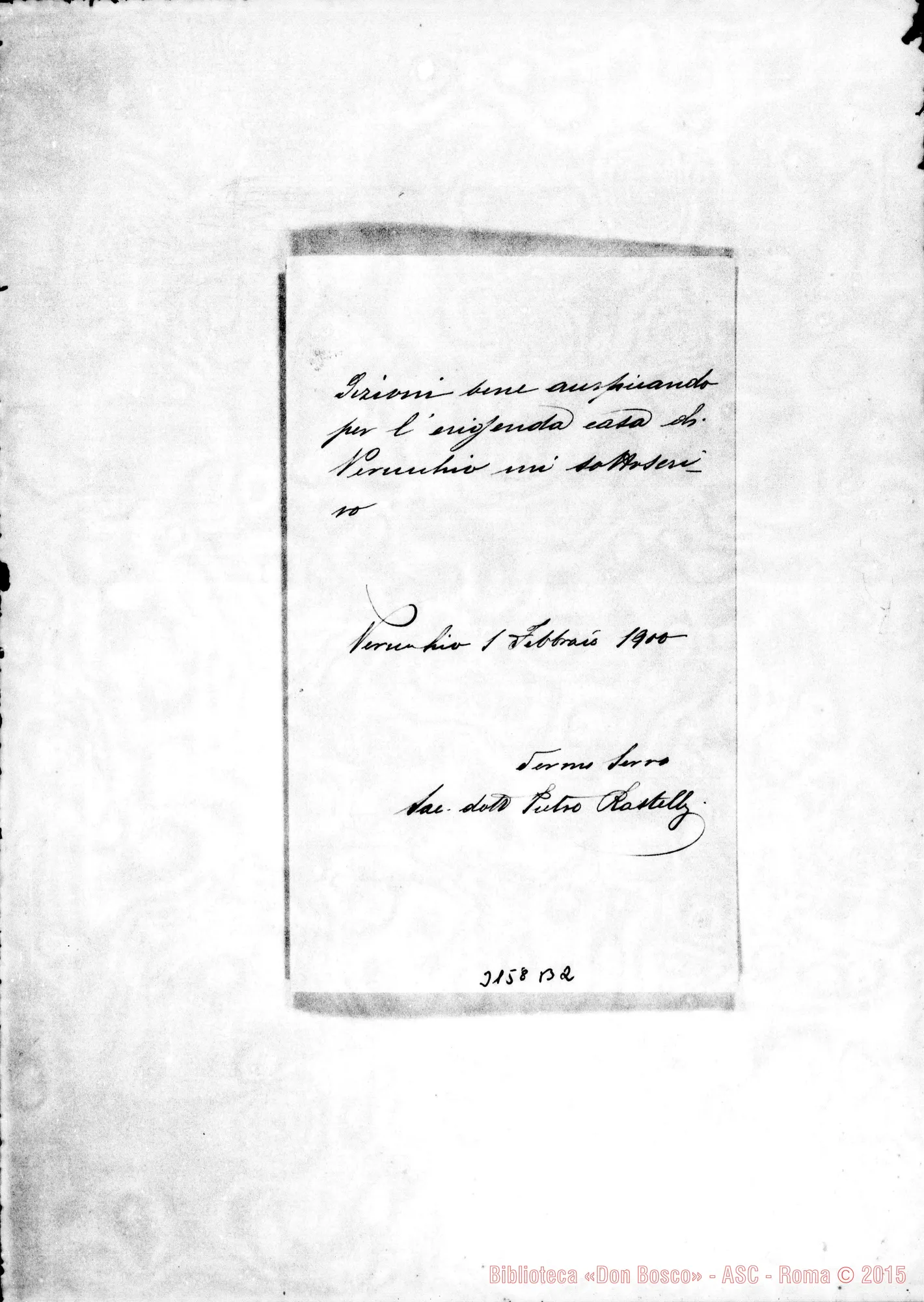 Fotogramma B 2 — Can. Pietro Rastelli - Rev.mo Signore. Verucchio, 1-02-1900