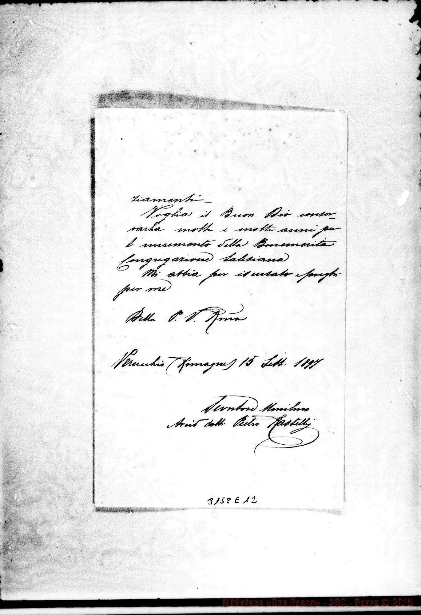 Fotogramma E 12 — D. Pietro Rastelli - D. Rua. Verucchio, 15-09-1897. Autogr. Rua