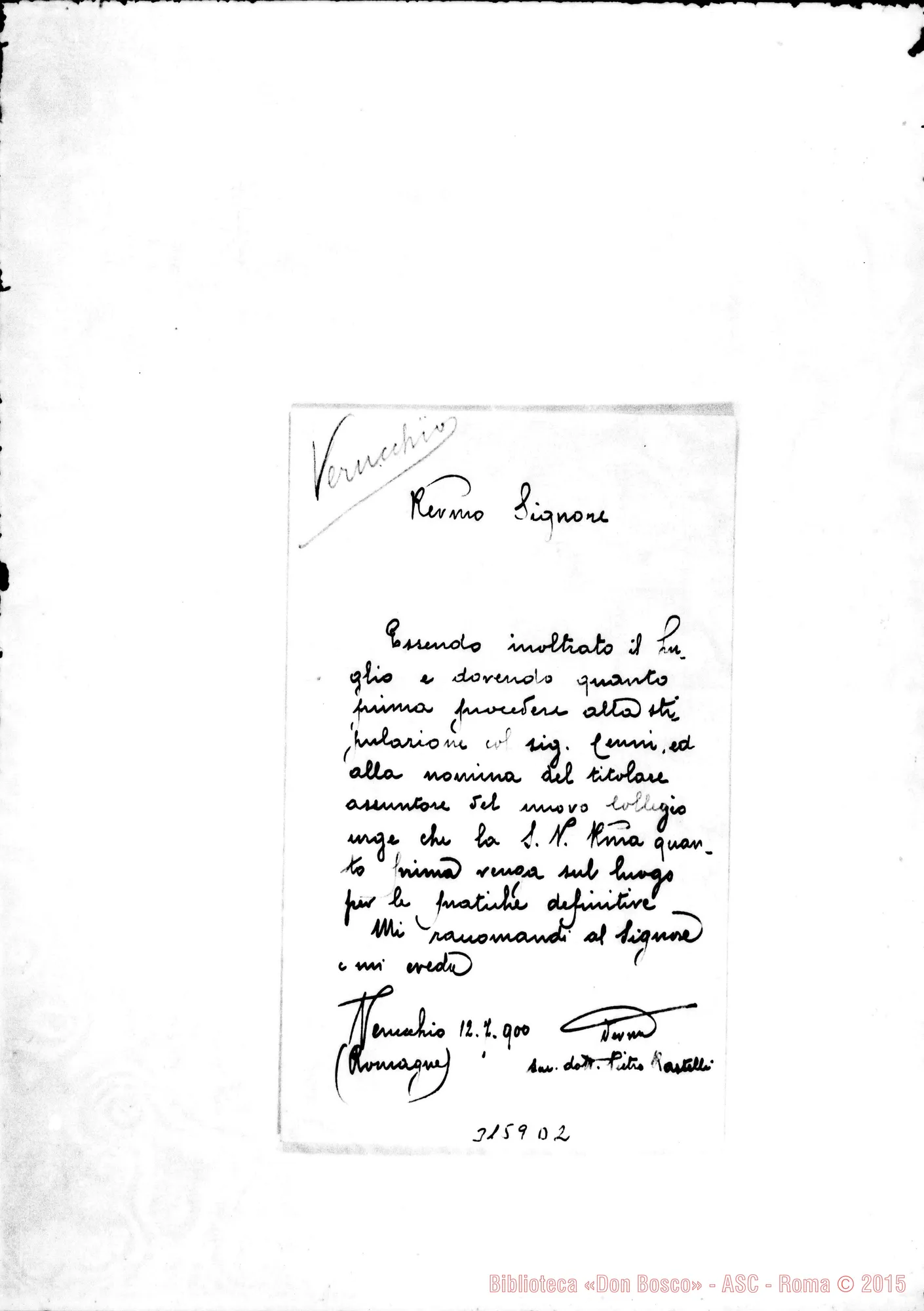 Fotogramma D 2 — D. Rastelli - Rev.mo Signore. Verucchio, 12-07-1900