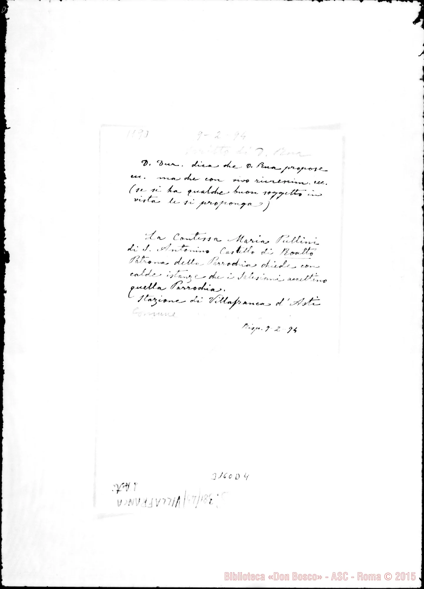 Fotogramma D 4 — Villafranca: Appunti. Avvisi di D. Rua. Ms. del sig. Balestra