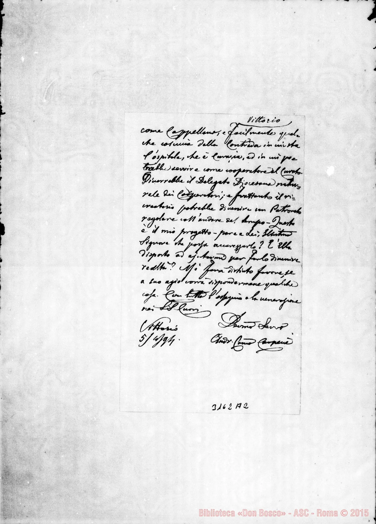 Fotogramma A 2 — Vittorio Veneto: Mons. Andrea Carpenè - Rev.mo Sig.. Vittorio V., 5-04-1894. Autogr. Rua