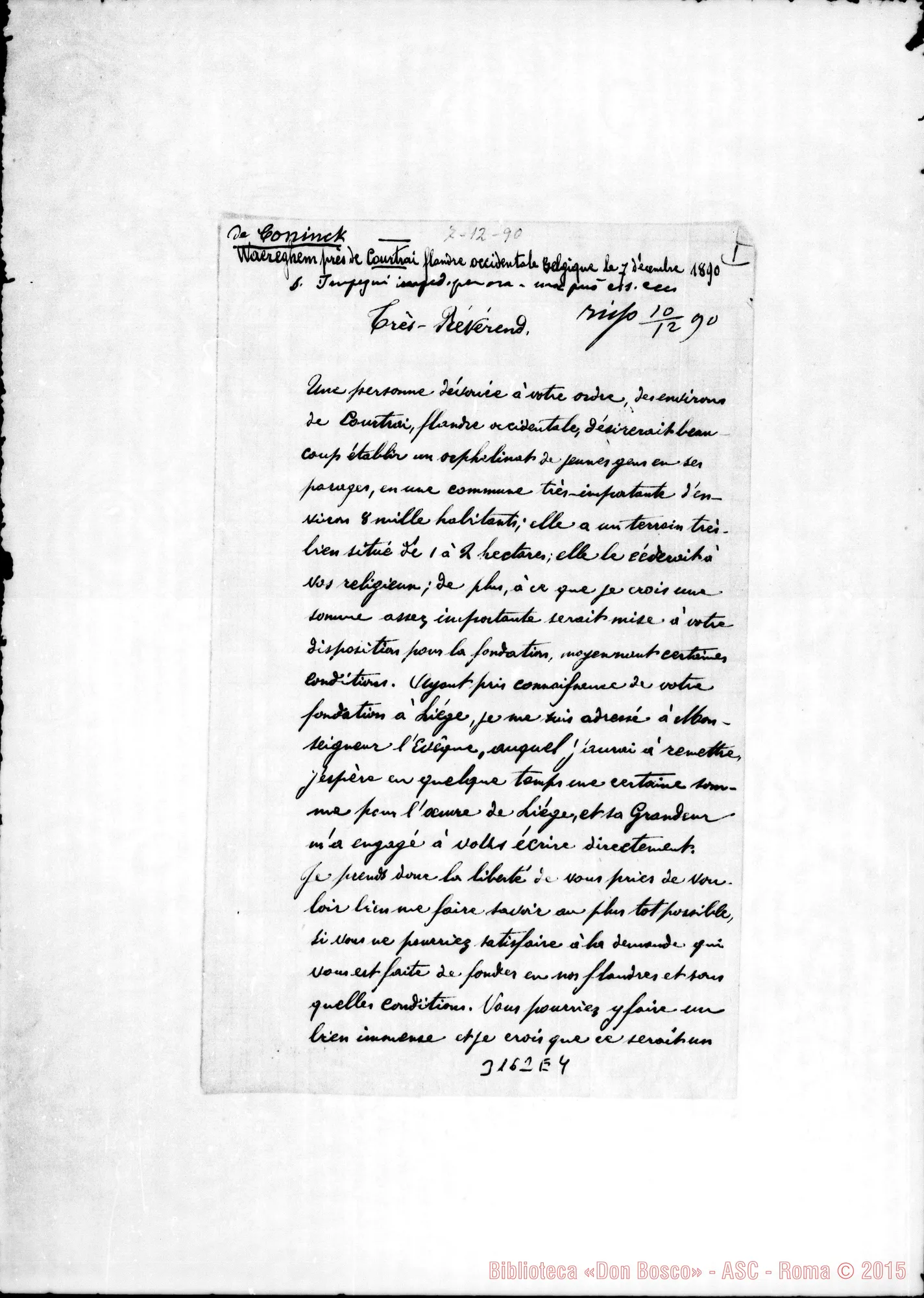 Fotogramma E 4 — Waereghem: L’Abbé E.L. de Coninck - Très Révérend. Die. 1890. Autogr. Rua