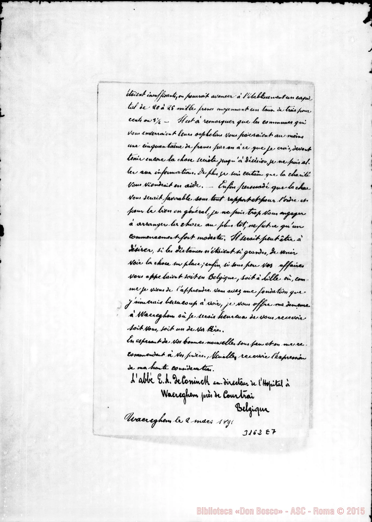 Fotogramma E 7 — L’Abbé E.L. de Coninck - Très Révérend. Mar. 1891. Autogr. Rua