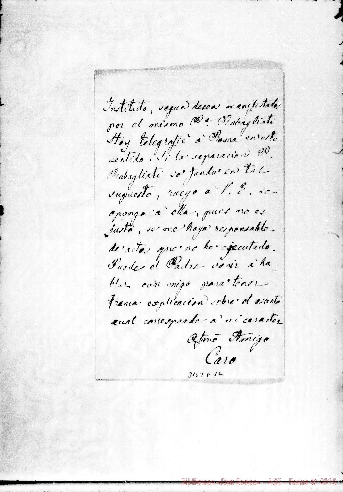 Fotogramma D 12 — Braulio Caro - Delegato Apost.. Feb.1893. Telegramma. Copia