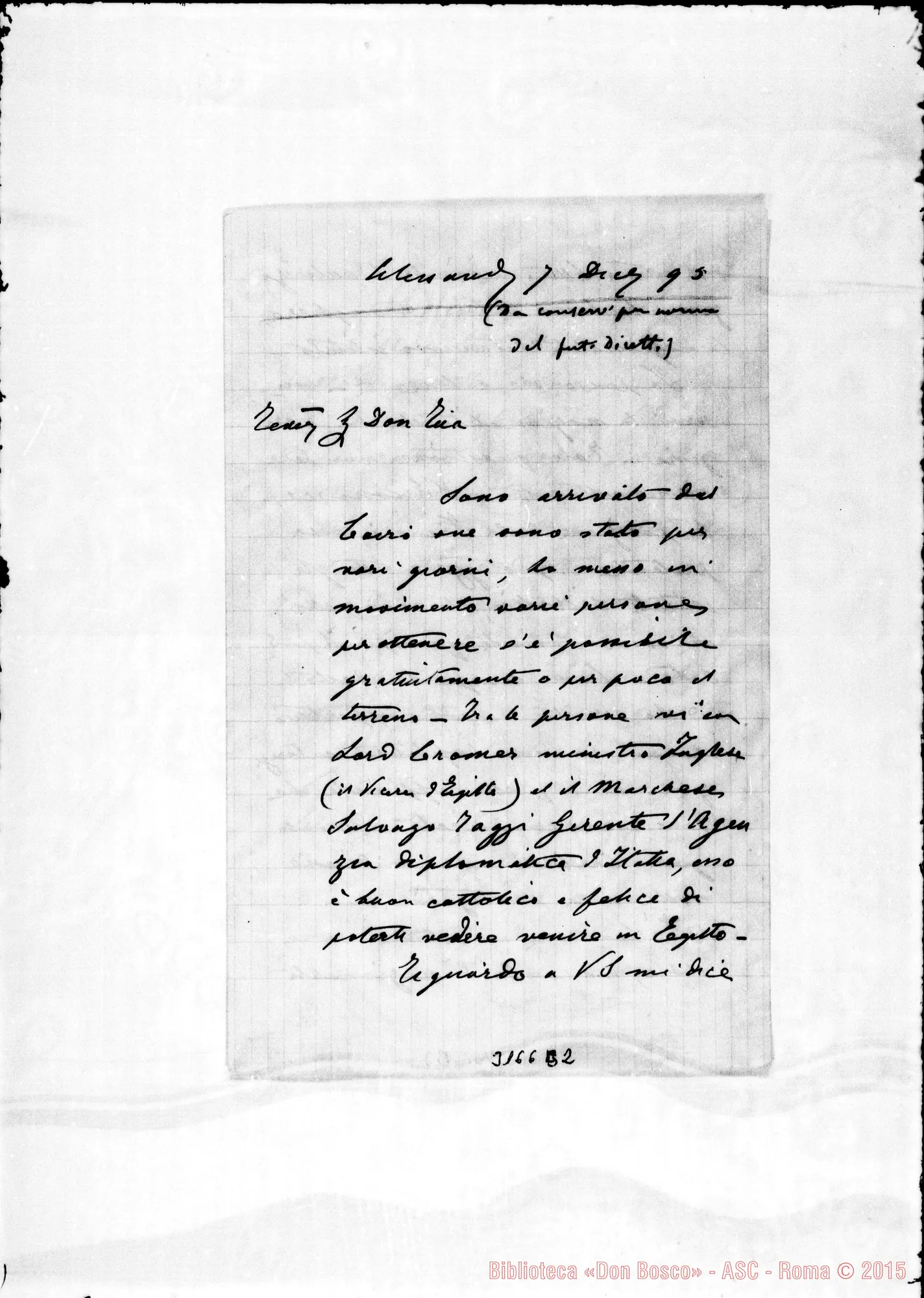 Fotogramma B 2 — Avv. G. Verità - D. Rua. Alessandria d’Egitto, 7-12-1895. Autogr. Rua