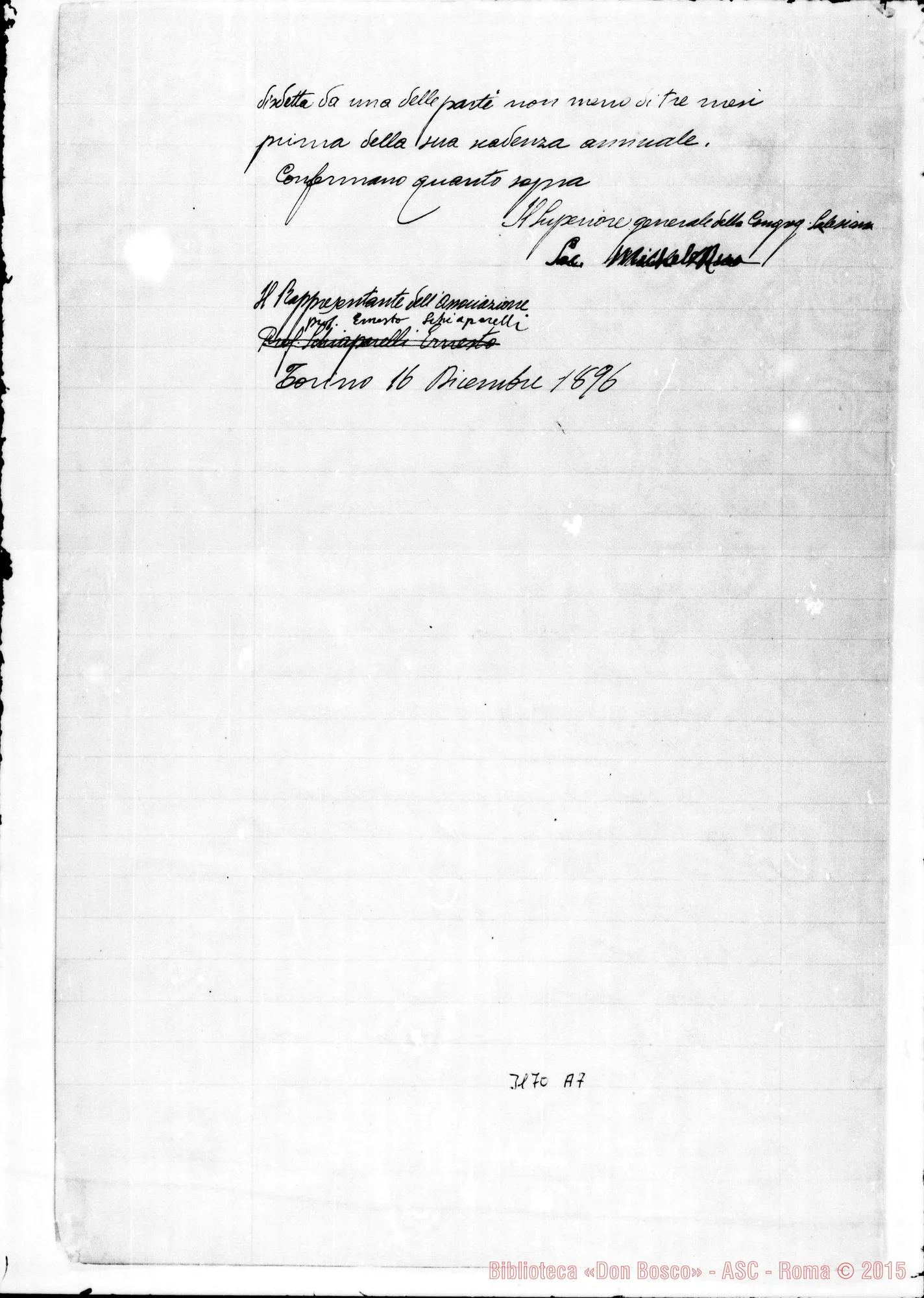 Fotogramma A 7 — Convenzione fra Superiore Generale SDB E Assoc. Nazionale per i Missionari Cattolici Italiani. Torino, 16-12-1896